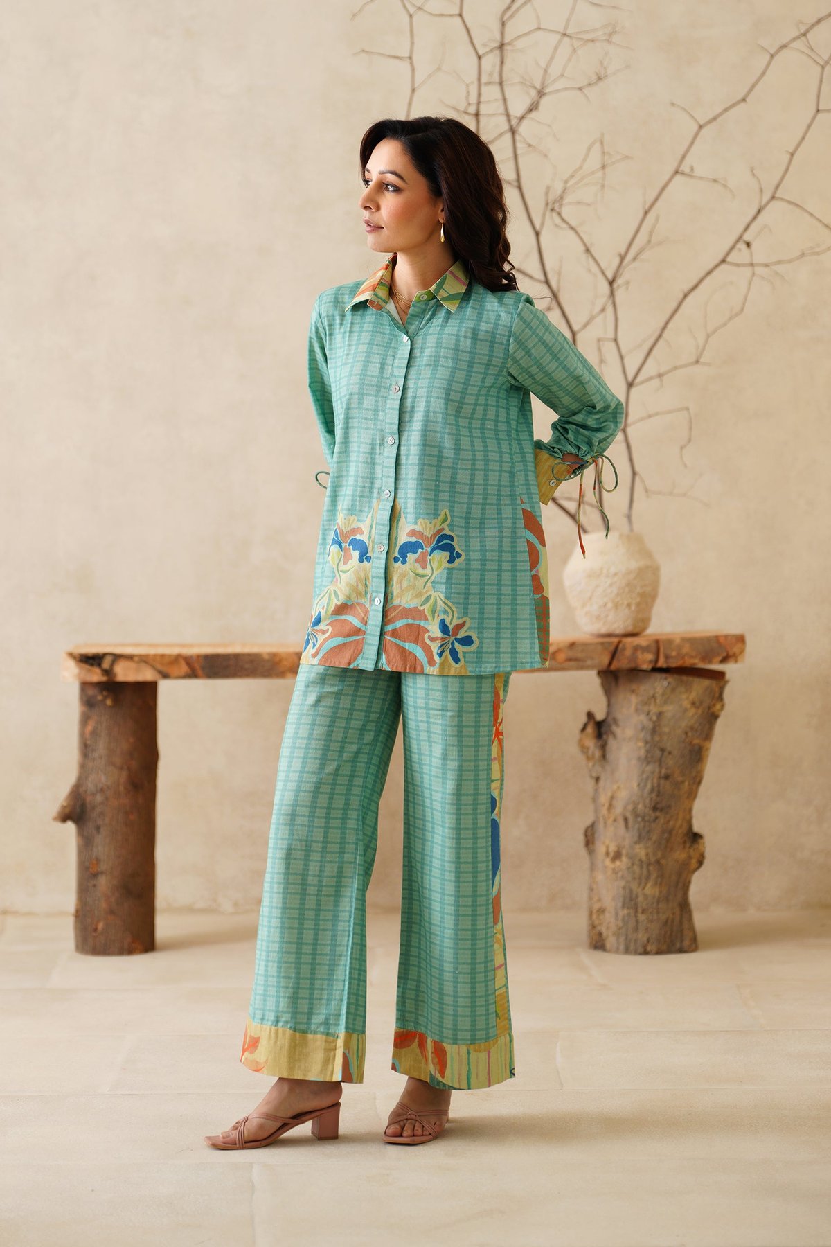Aqua Printed Shirt and Wide-Leg Pants Co-ord Set