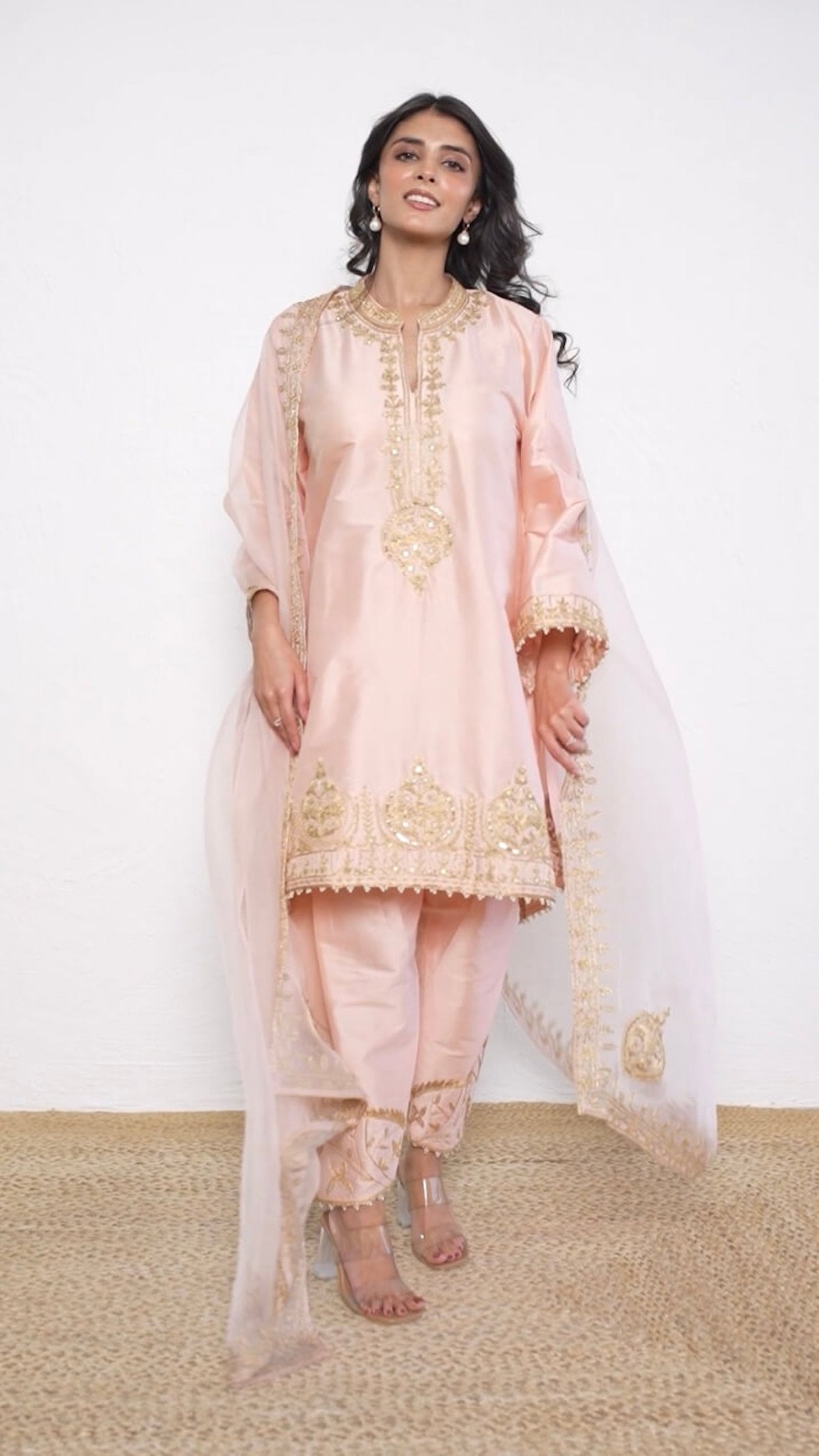 Peach Hand And Dori Phiran Suit With Dupatta
