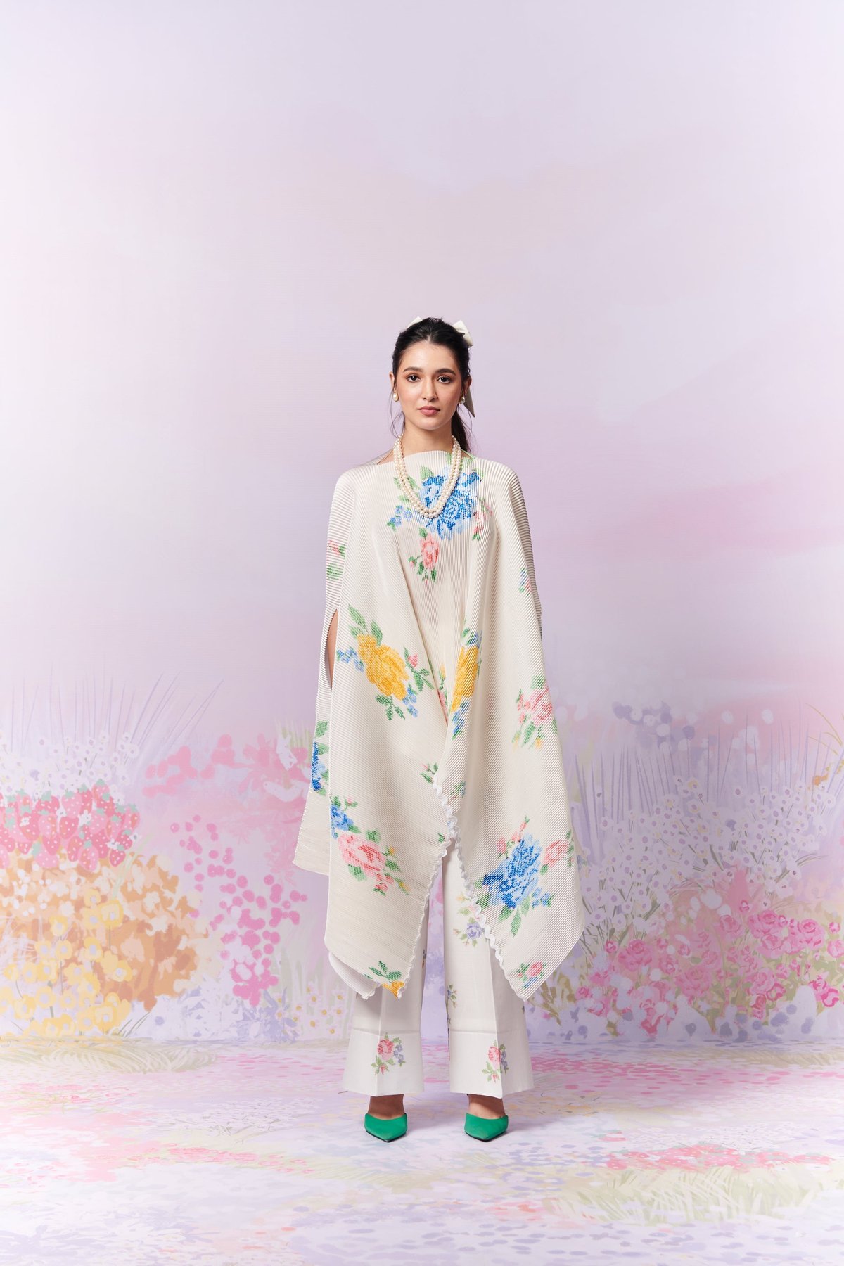 Ivory Pleated Satin Cape with Floral Motifs