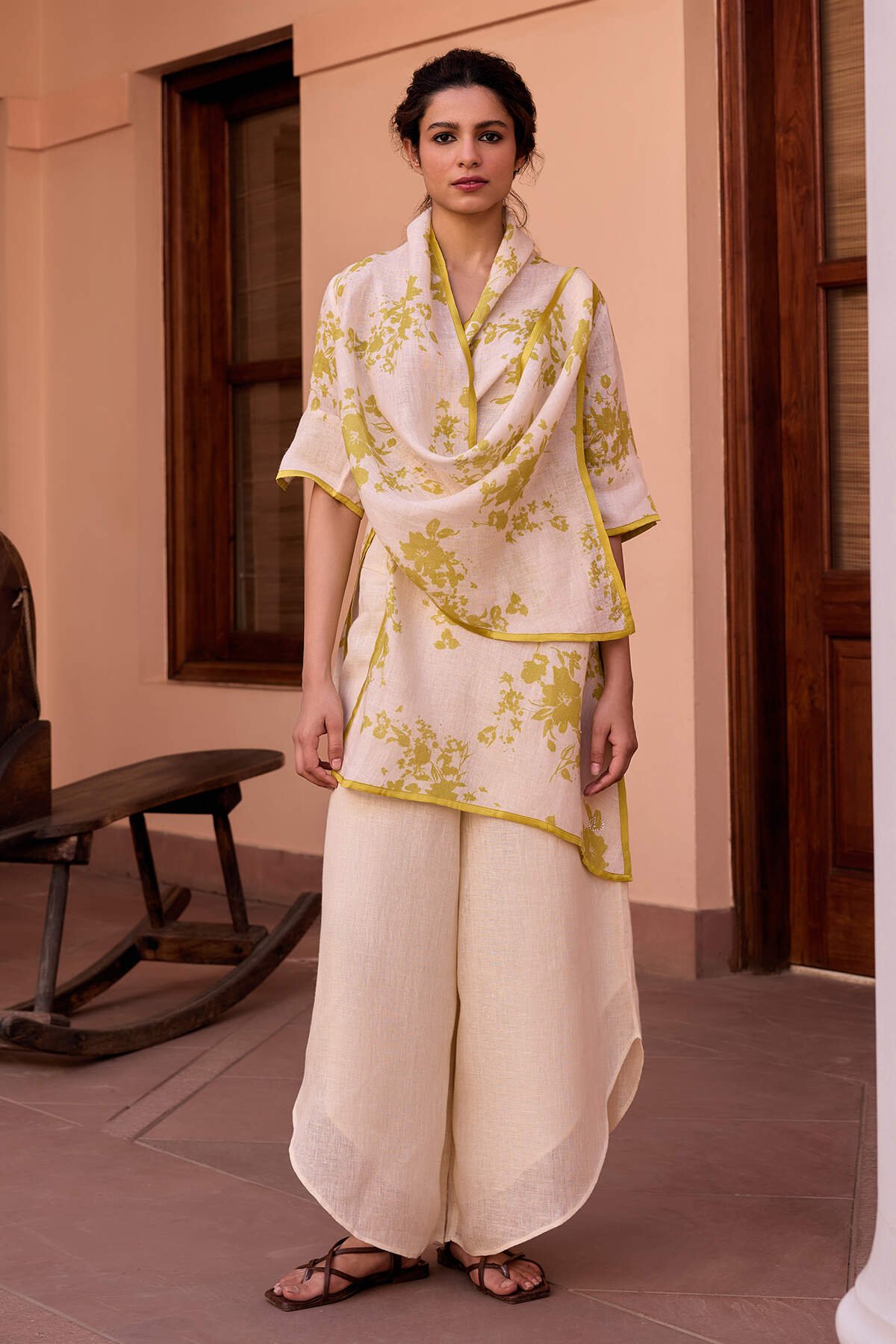 Heena Floral Gauze Linen Cape with Side Tie-Up