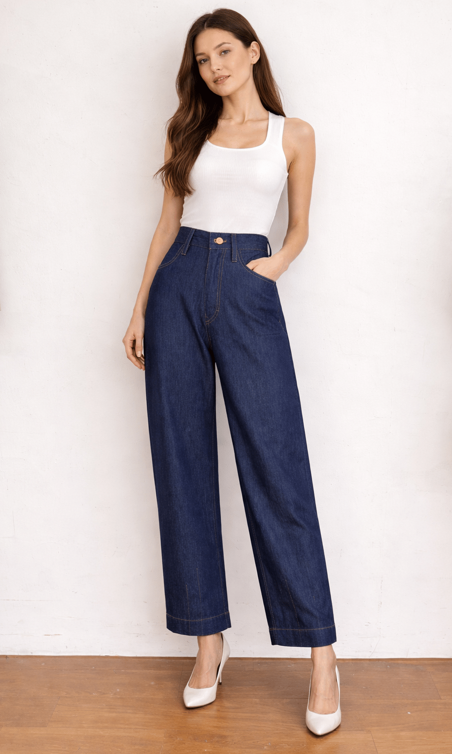 Indigo Denim Pants barrel shape.