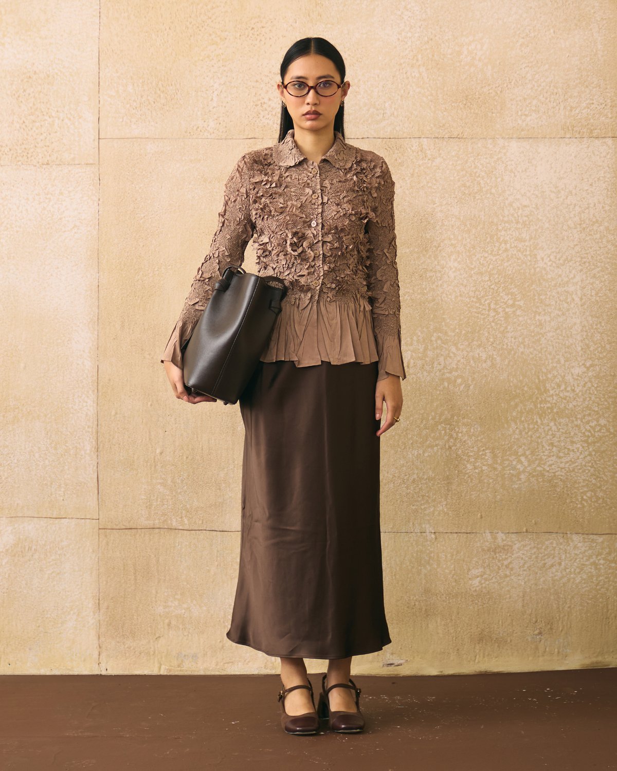 Brown 3D Applique Peplum Shirt Top