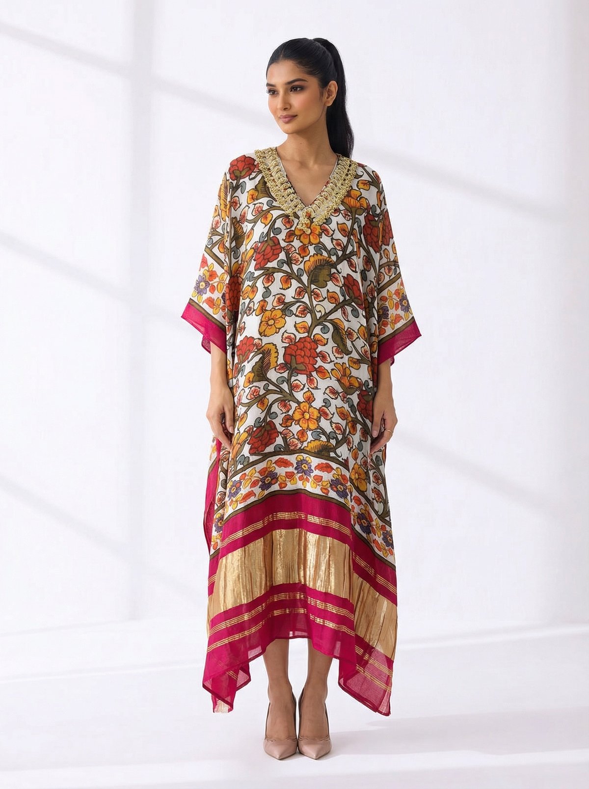 Embellished Printed White Kaftan