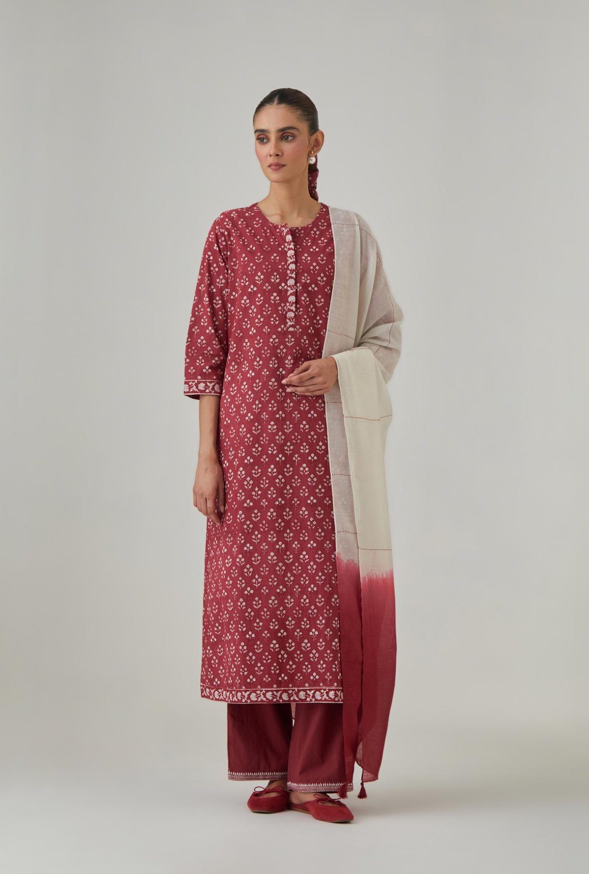 Hand Block Printed Straight Kurta With Sleeve Flower Pant
