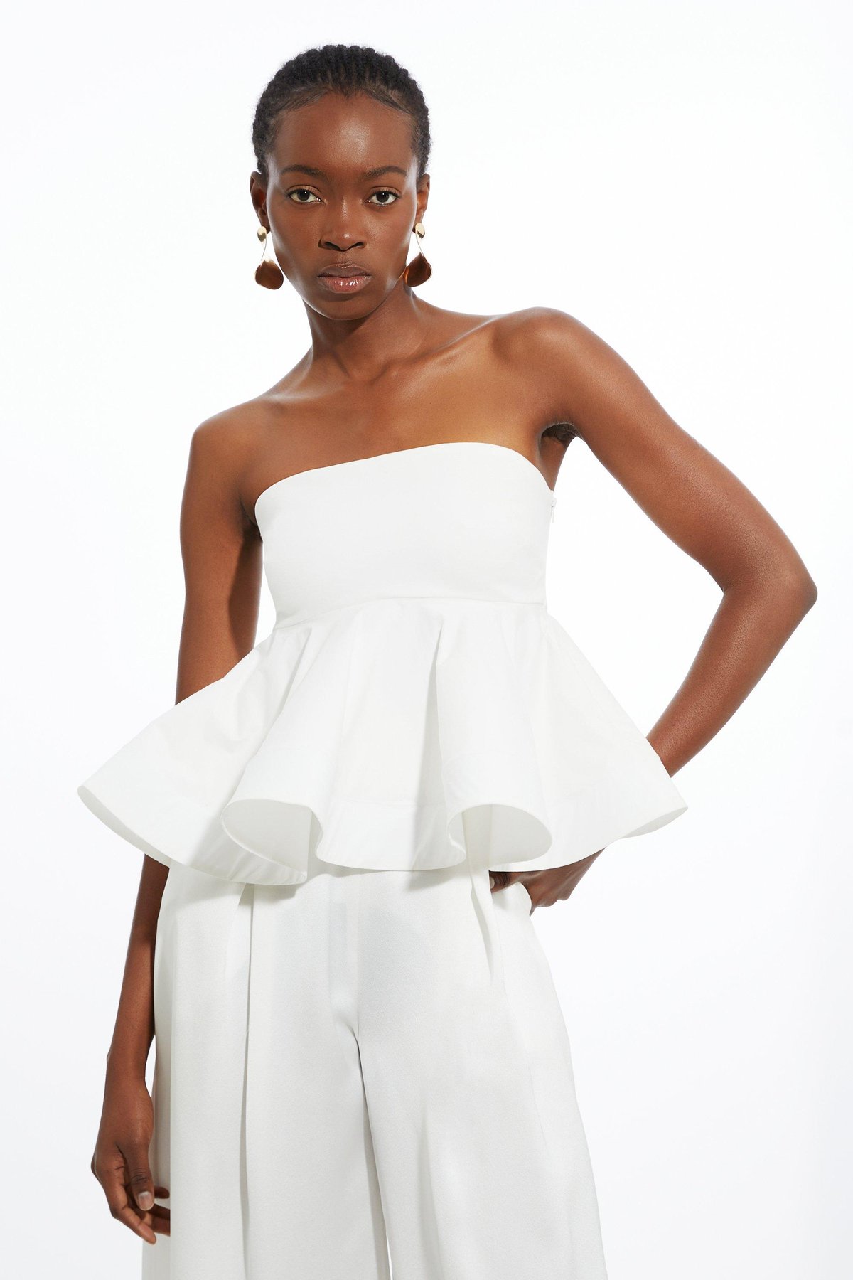 White Bandeau Peplum Top with Ruffle Hem