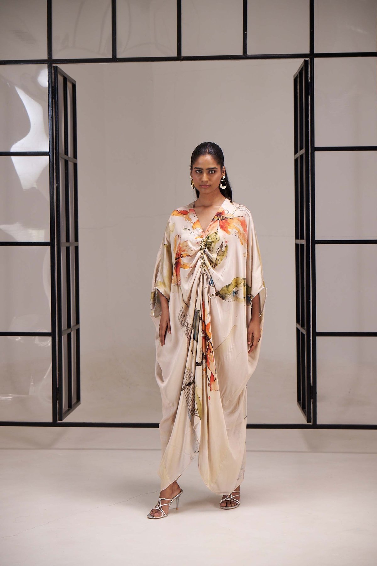 Multicolor Printed Crepe Satin Kaftan with Tie-Up Neck