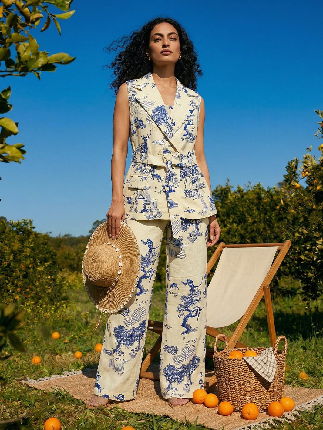 Ivory & Blue Printed Wide-Leg High-Rise Trousers