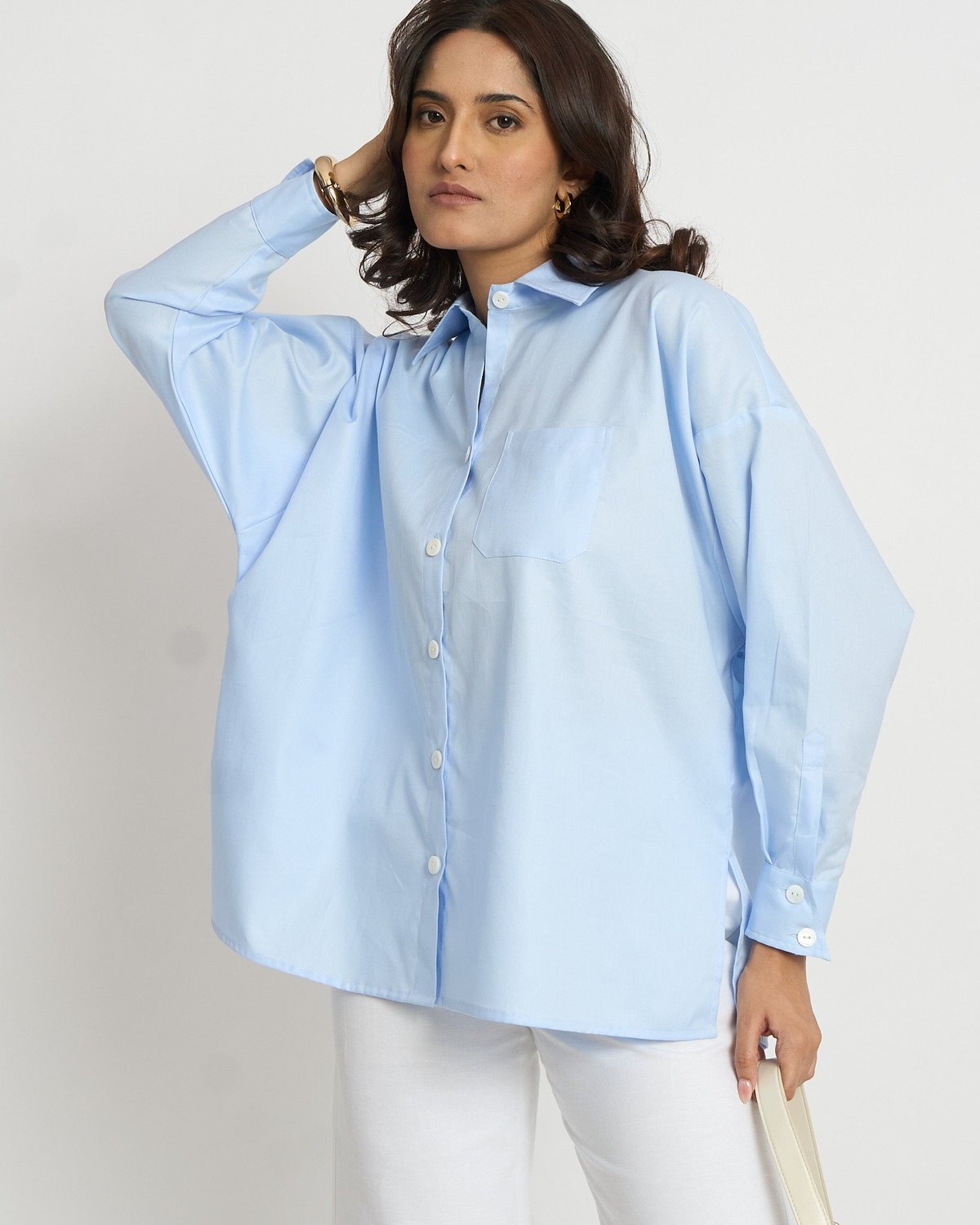 Sky Blue Oversized Cotton Button-Down Shirt