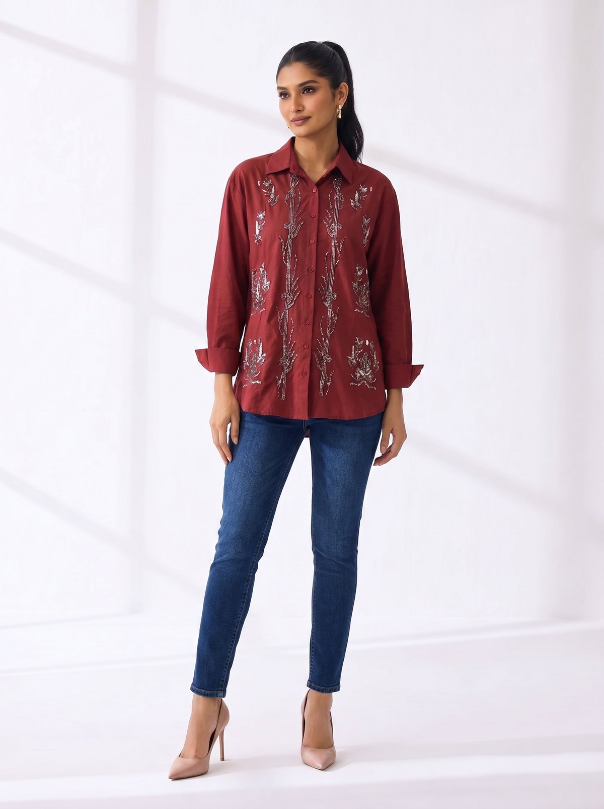 Maroon Embroidered Button-Down Shirt with Full Sleeves