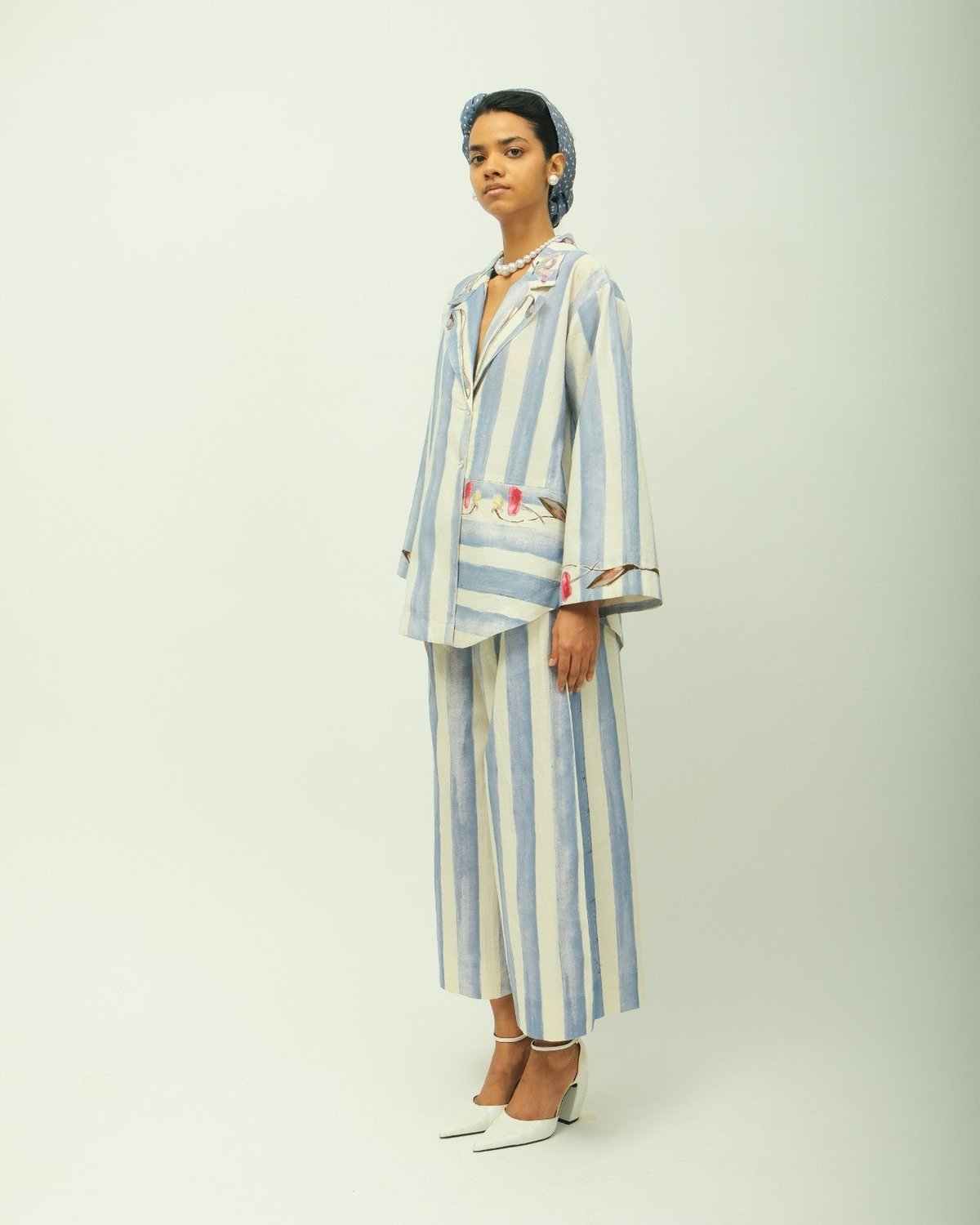 Ice Blue Striped Appliqué Anti-Fit Shirt
