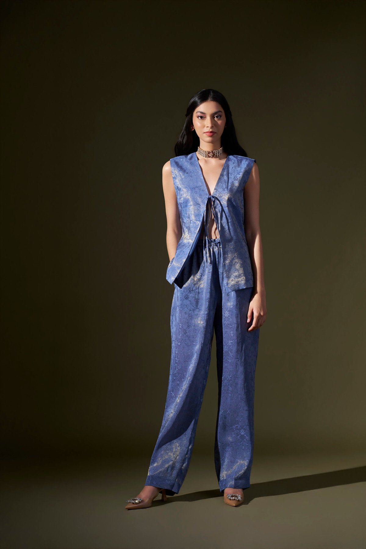 Blue Front Tie Top With Pant Set