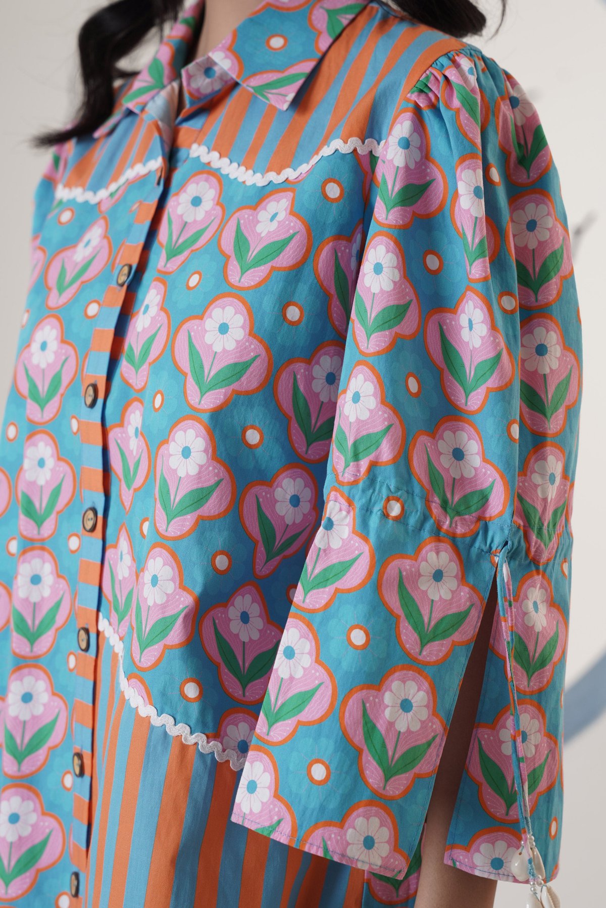 Blue and Orange Mix Print Mini Shirt Dress