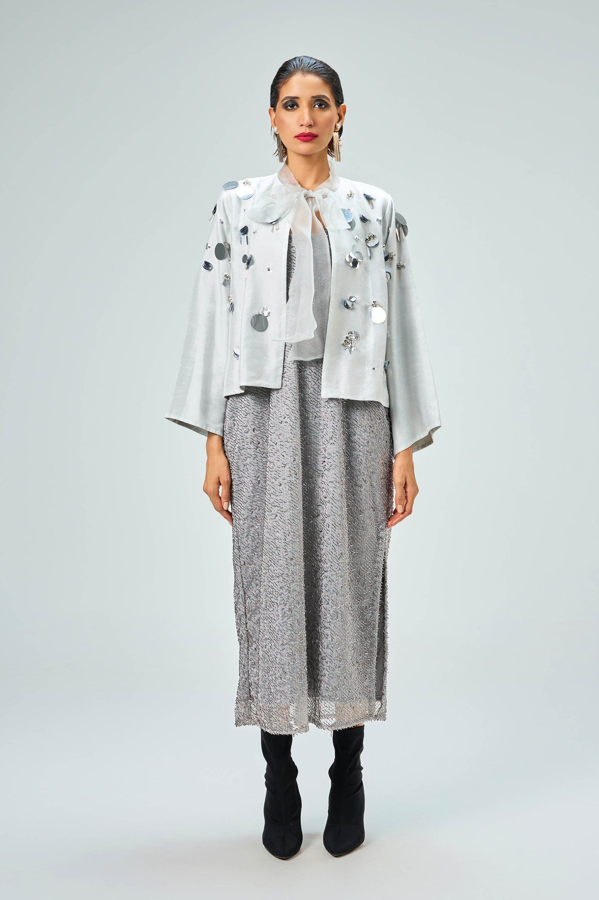 Silver Sequin Net Midi Dress with Embellished Cape Jacket