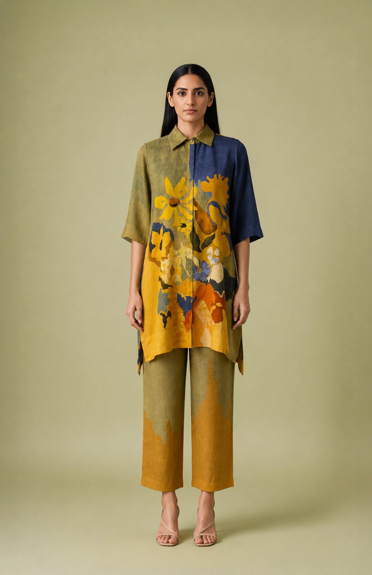 Yellow Linen Colorblock Tunic and Wide-Leg Pants Co-ord Set