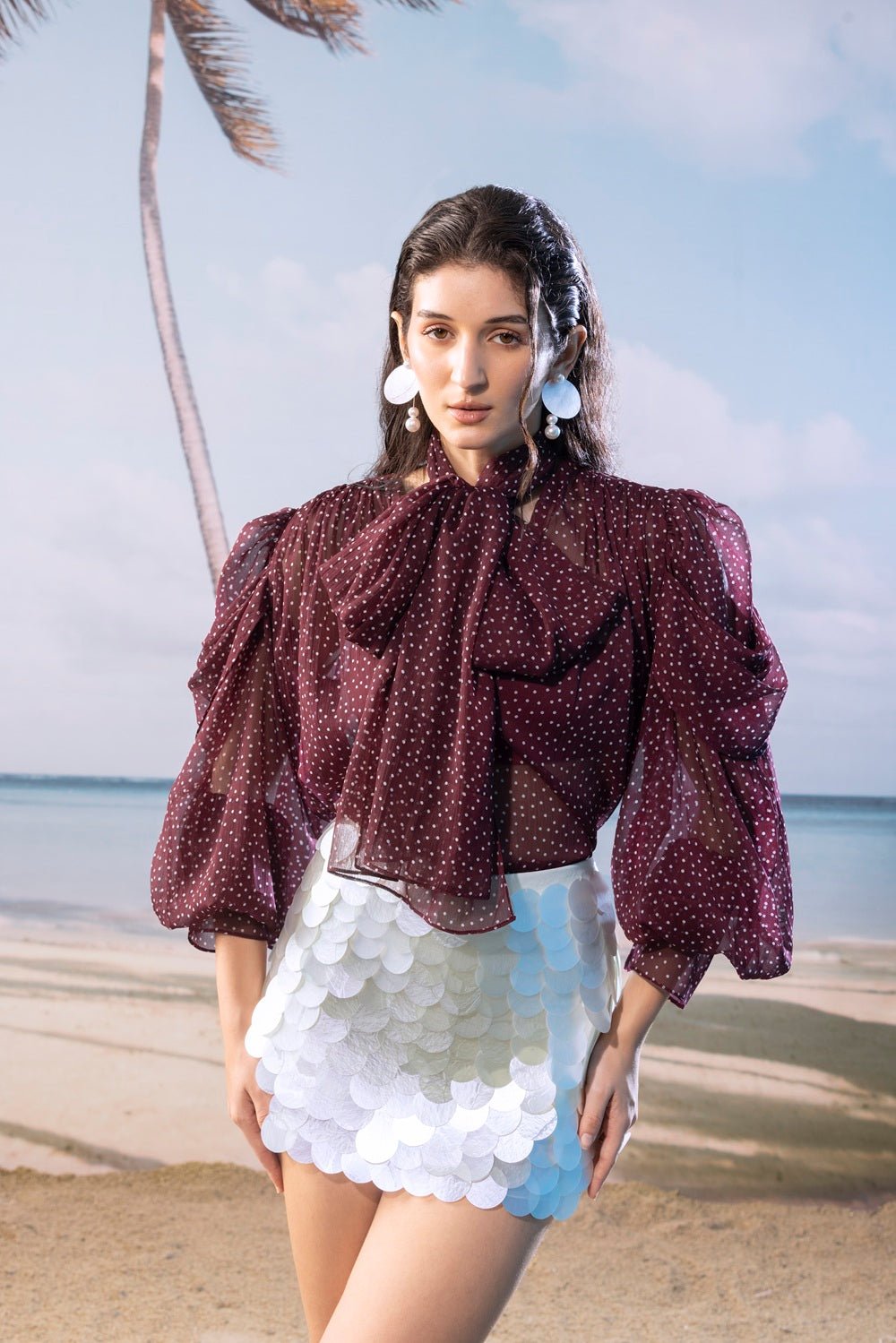 Burgundy Polka - Dot Bow Blouse Top