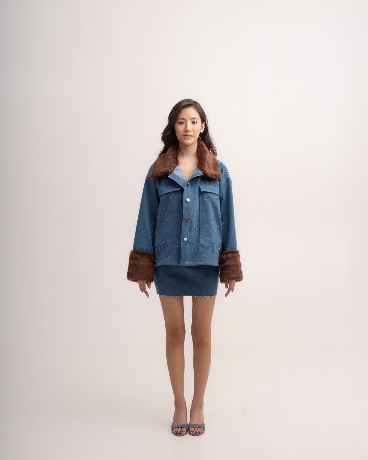 Blue Embellished Denim Jacket with Faux Fur Collar and Cuffs