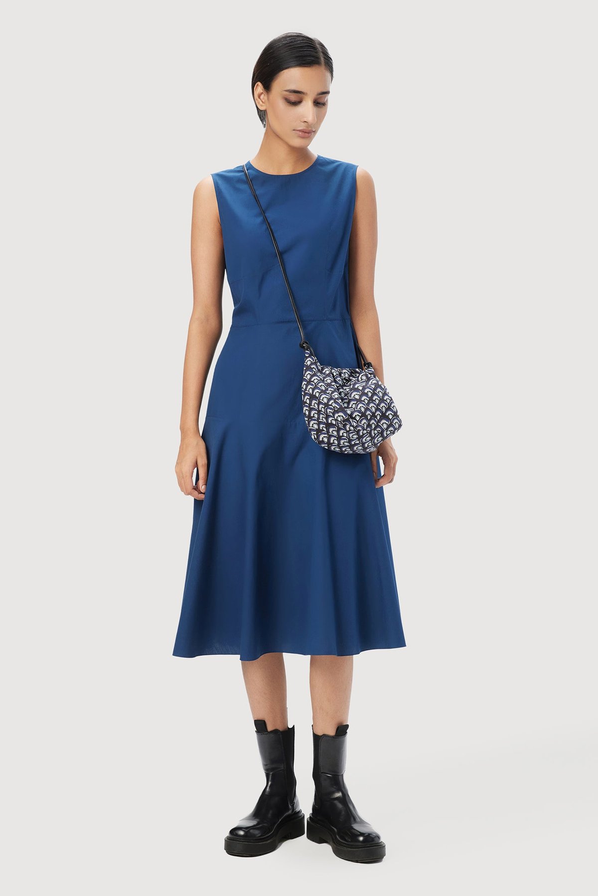 Blue Cotton Poplin Sleeveless Fit and Flare Midi Dress
