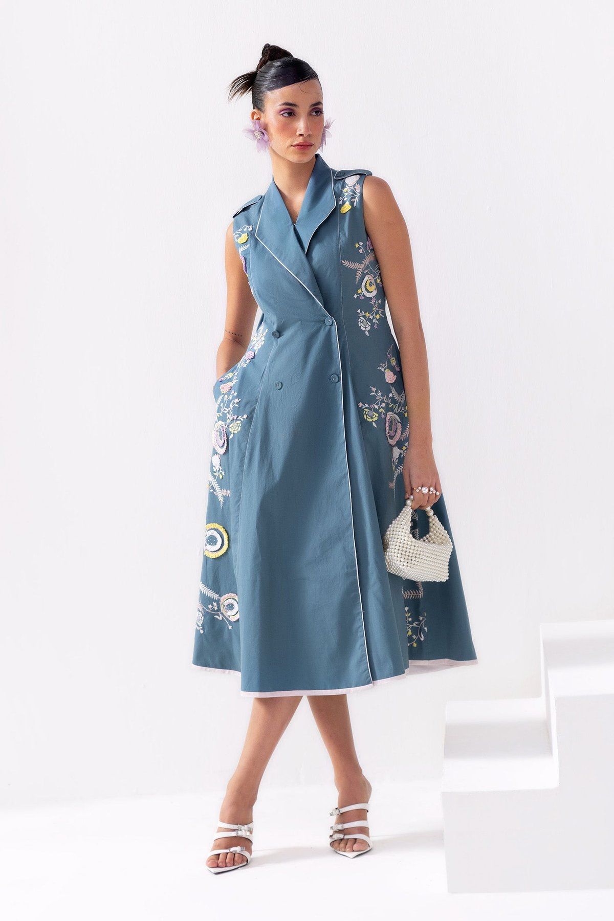 Petrol Cotton Satin Trench-Style Embroidered Midi Dress