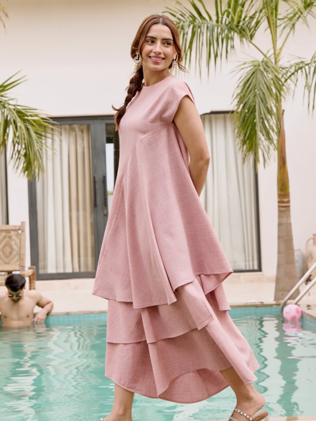 Pink Asymmetric Layered Tunic and Wide-Leg Pants Co-ord Set