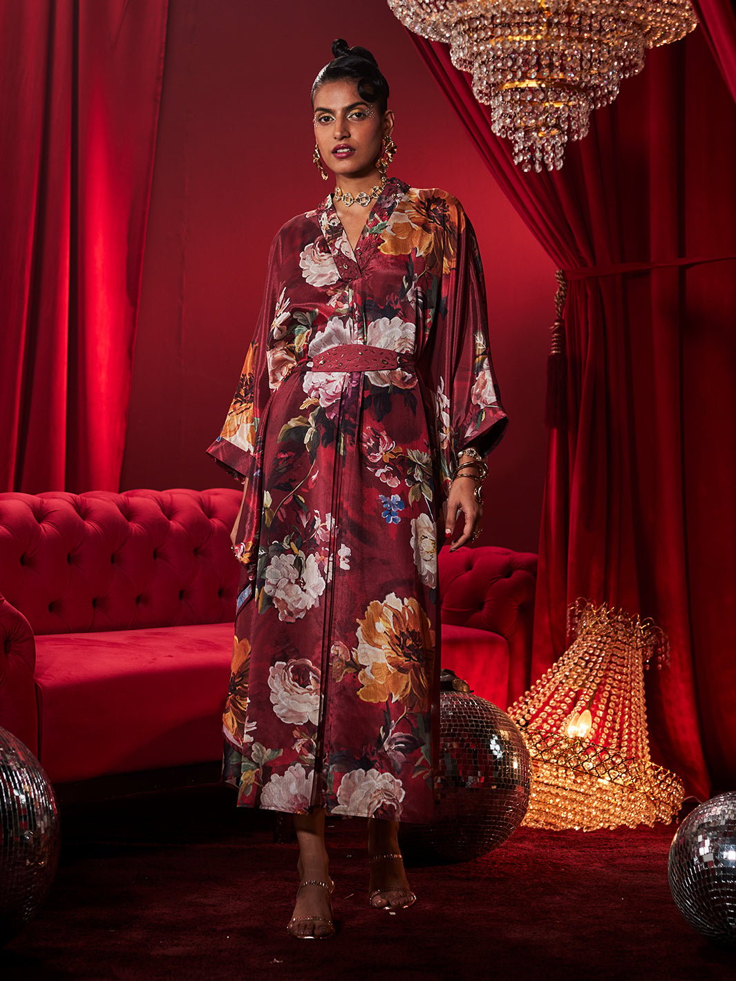 Burgundy Floral Printed Kaftan with Belt