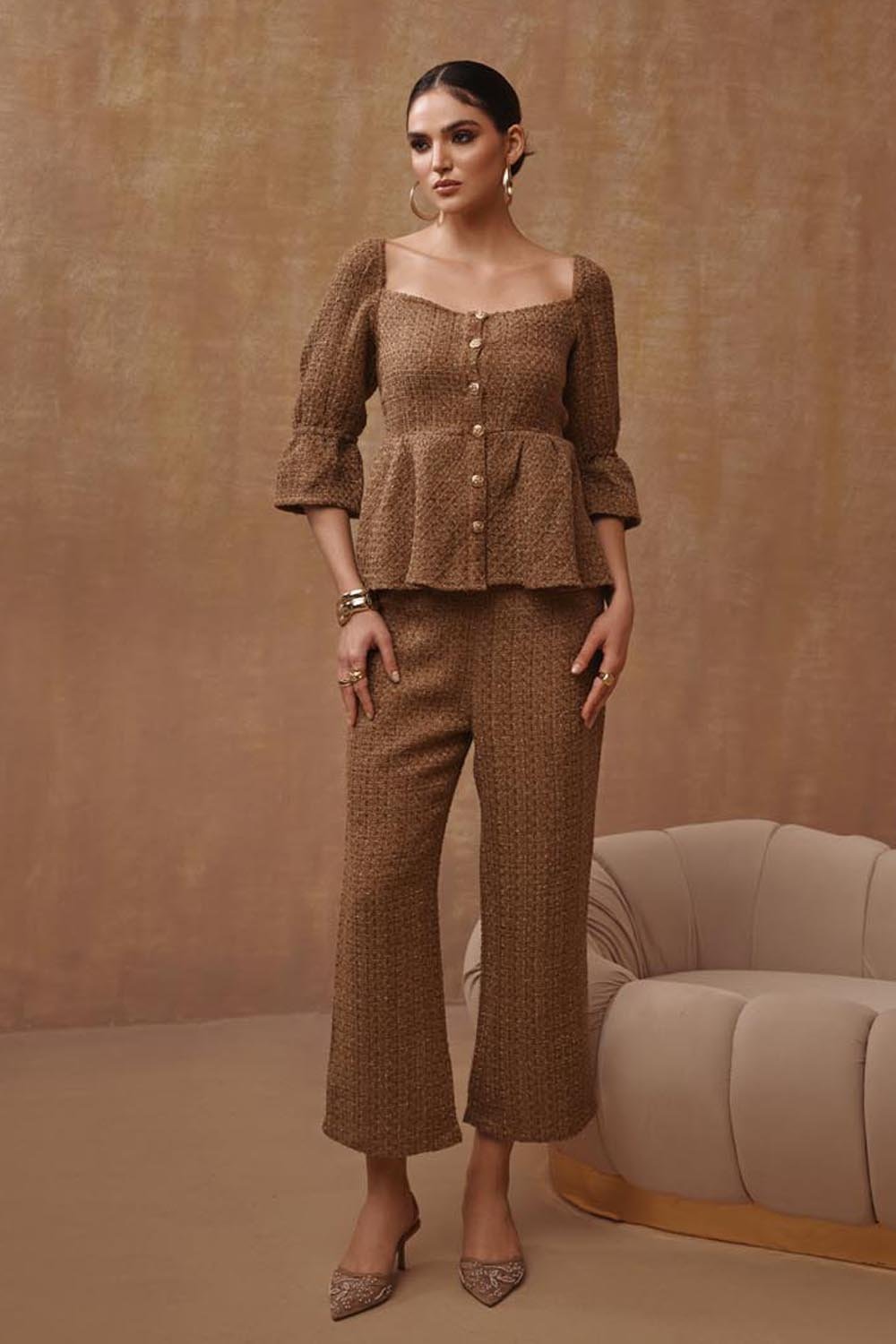 Gold Metallic Tweed Peplum Top and Pants Co-ord Set