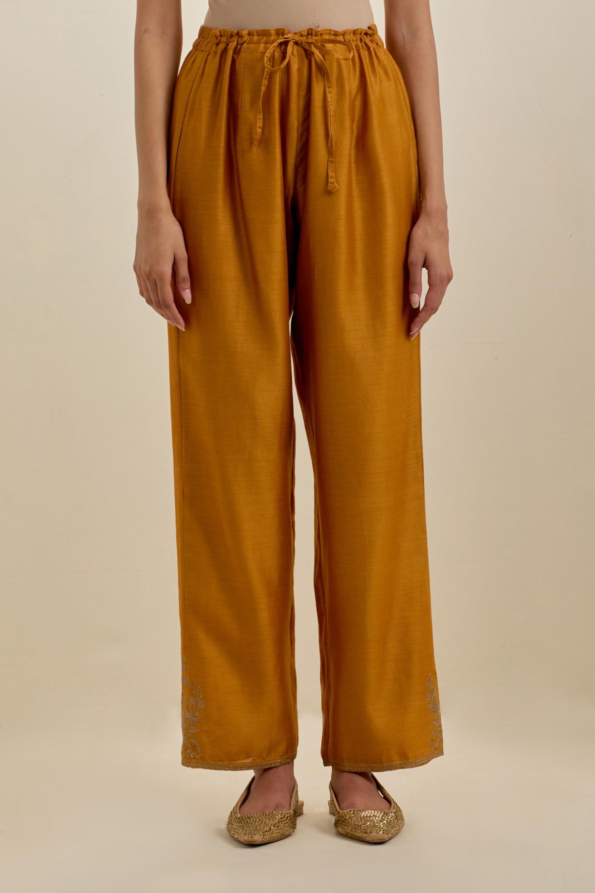 Silk Straight Pants With Embroidery