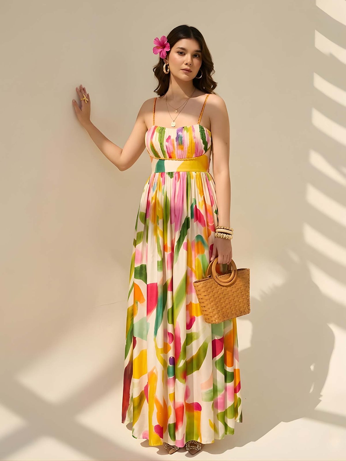 Spring Printed Pleated Maxi Dress