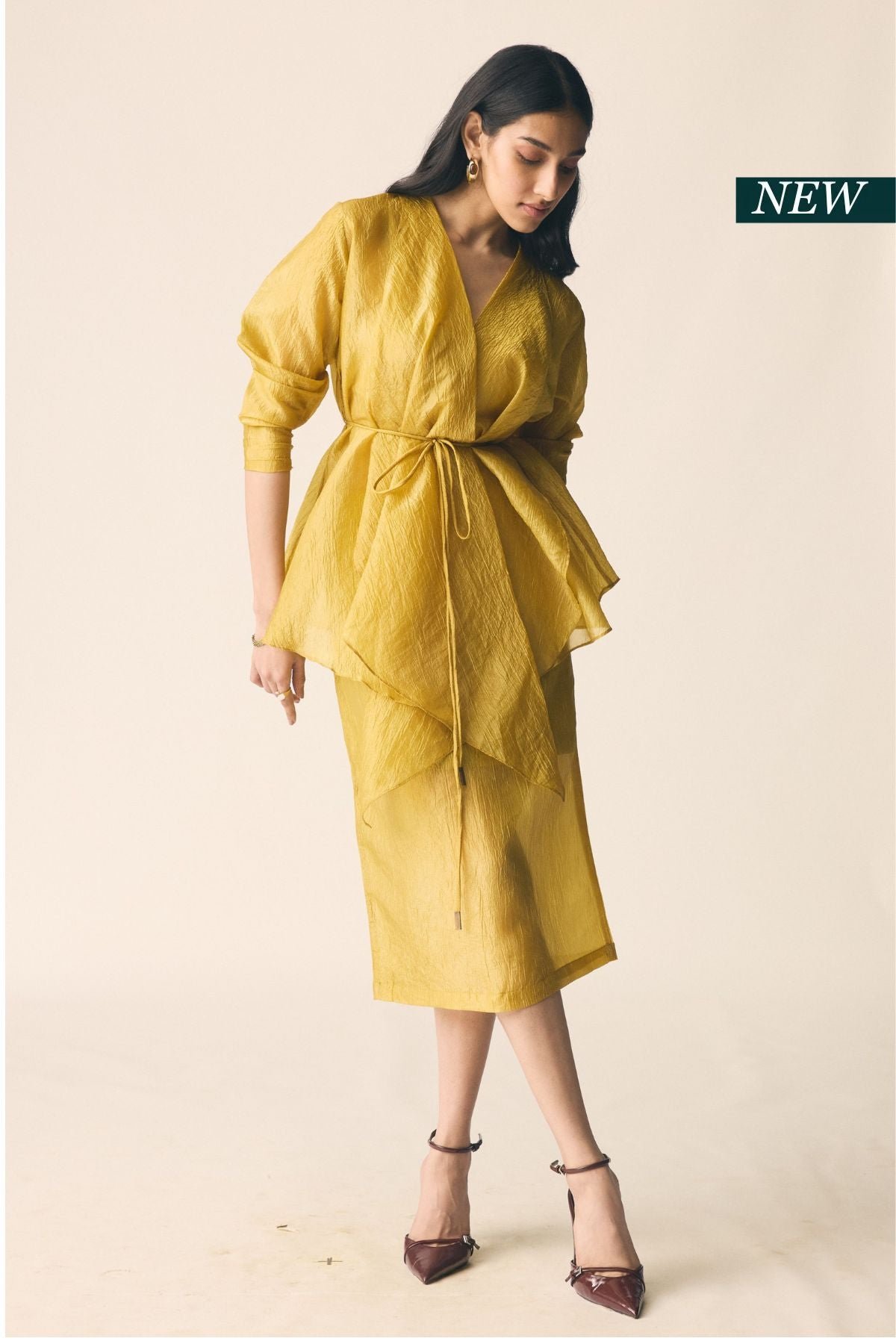 Mustard Organza Wrap Top and Midi Skirt Co-ord Set