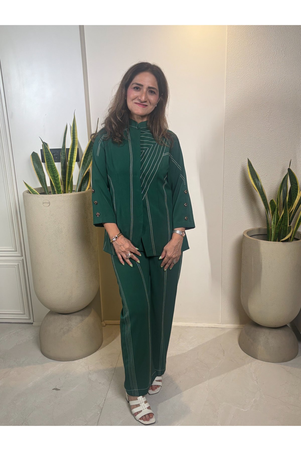 Bottle Green Straight-Leg Trousers with Contrast Piping