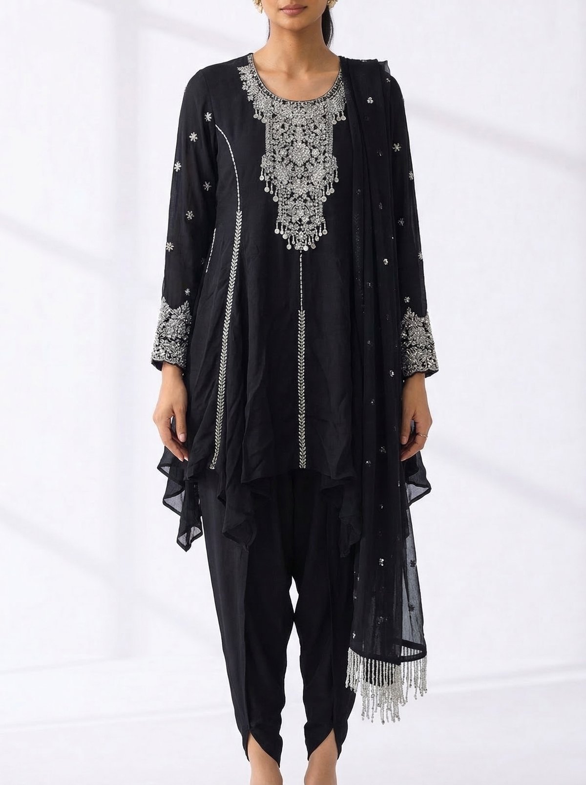 Black Georgette A-Line Kurta Set with Embellished Yoke