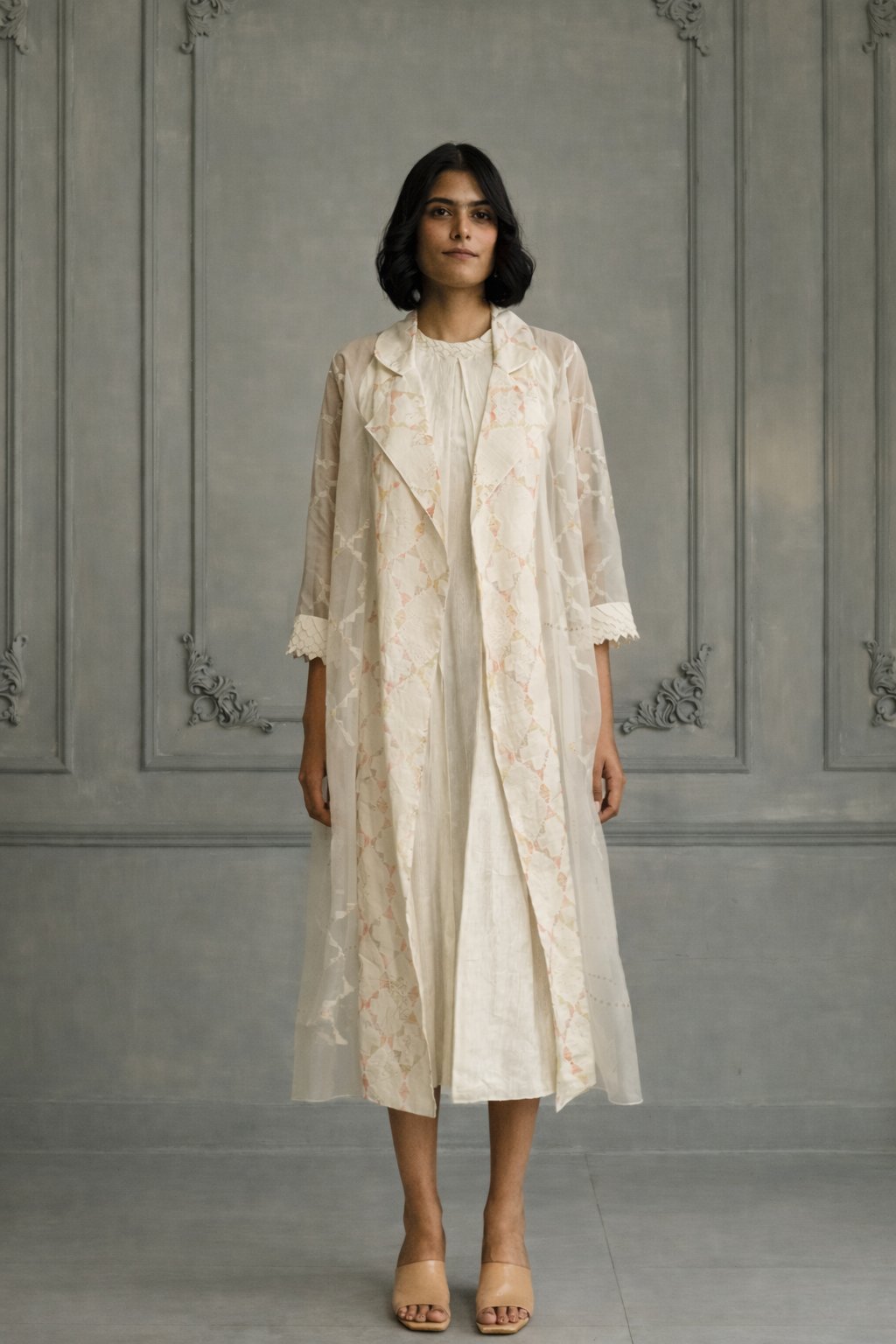 Ivory Applique Embroidered Organza Jacket Dress