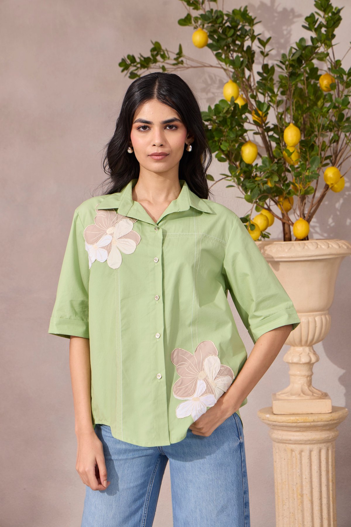 Foam Green Cotton Poplin Floral Applique Shirt