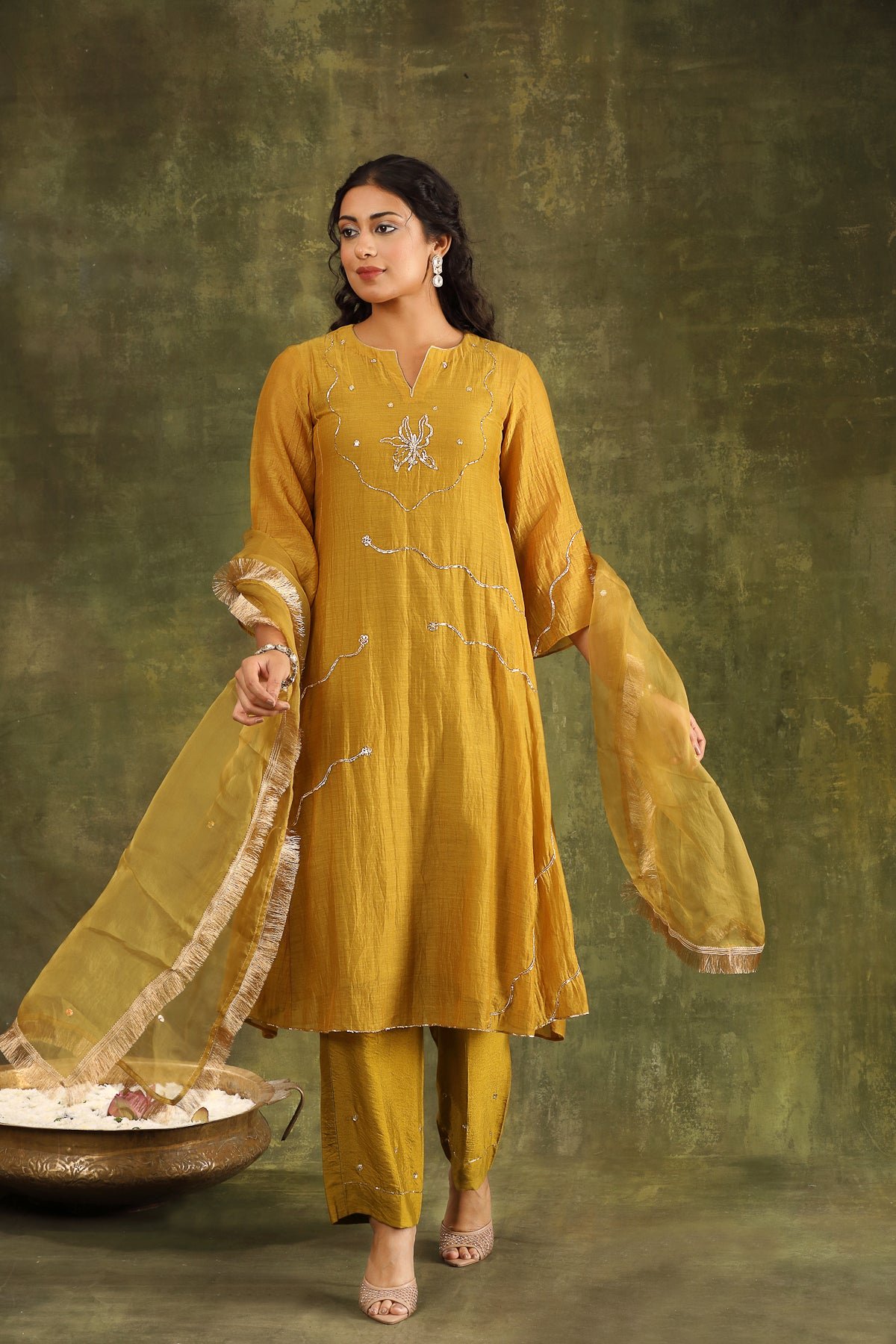 Mustard Yellow Embroidered Silk Chanderi Kurta Set