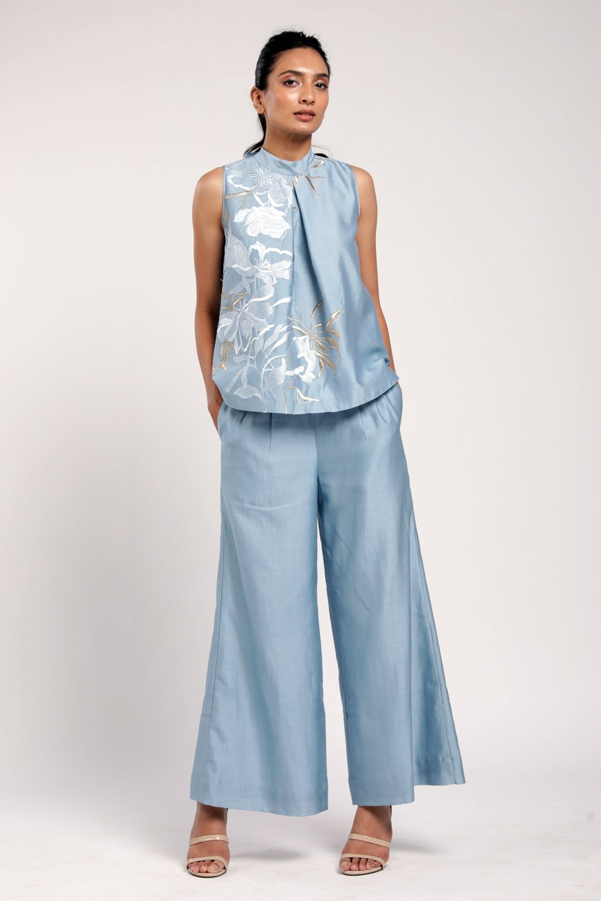 Sky Blue Embroidered High Neck Top and Pant Co-ord Set