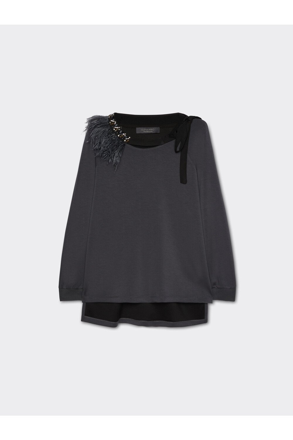 Grey Scuba Knit Top with Embellished Feather Neckline