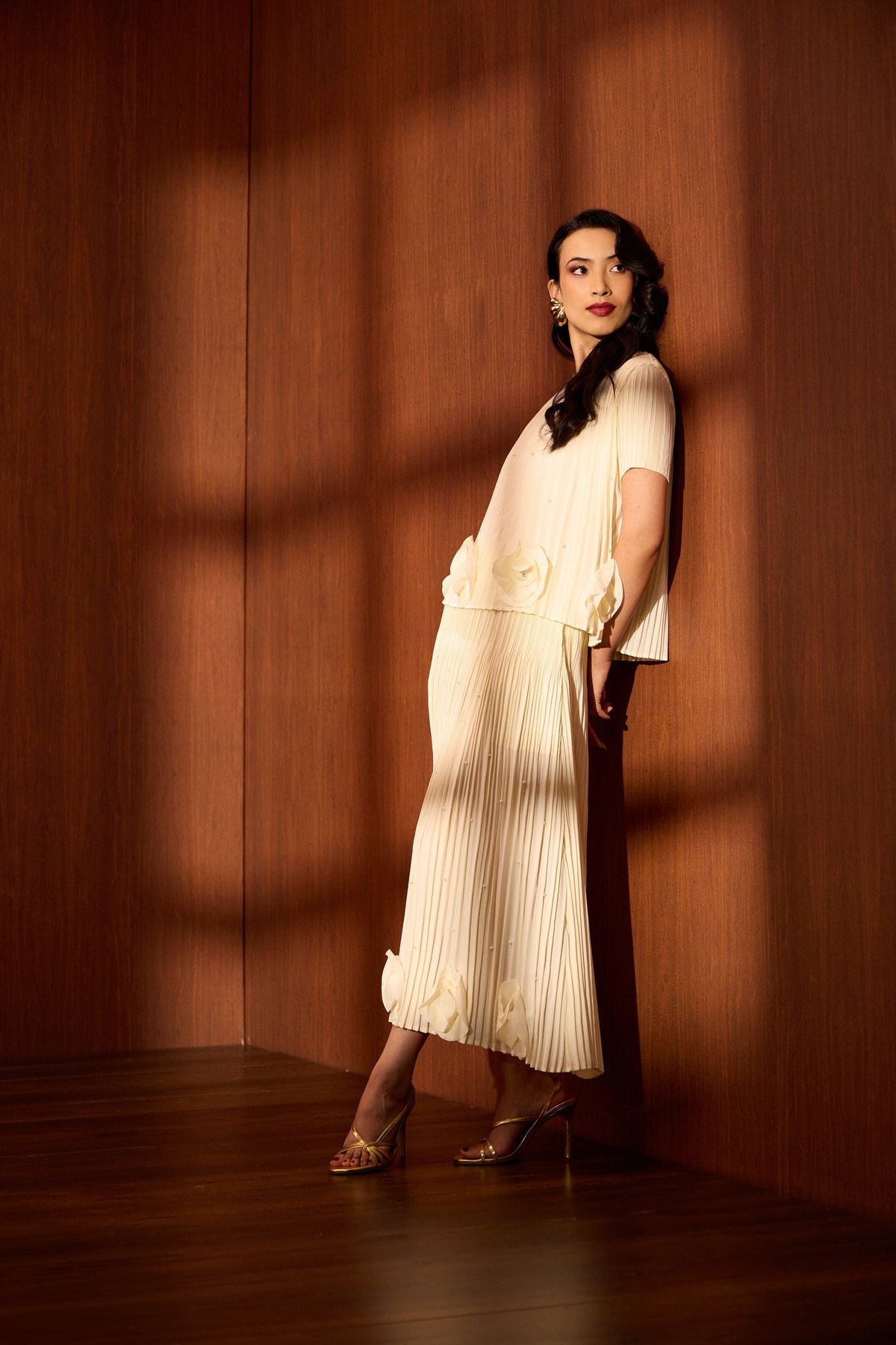 Butter Cream Pleated Top and Midi Skirt Co-ord Set