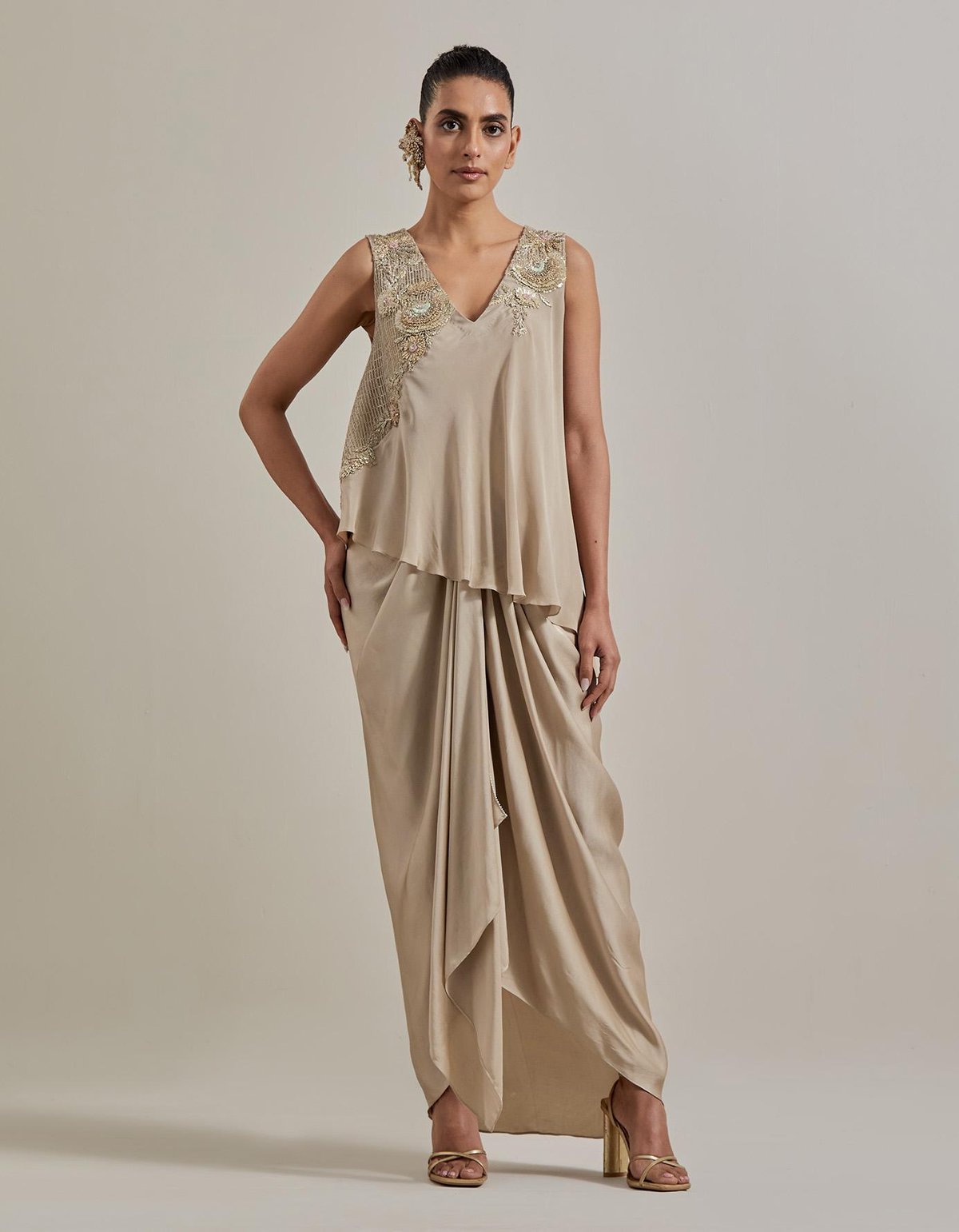 Gold Gota Glimmer Asymmetric Textured And Embellished Top With Drape Skirt