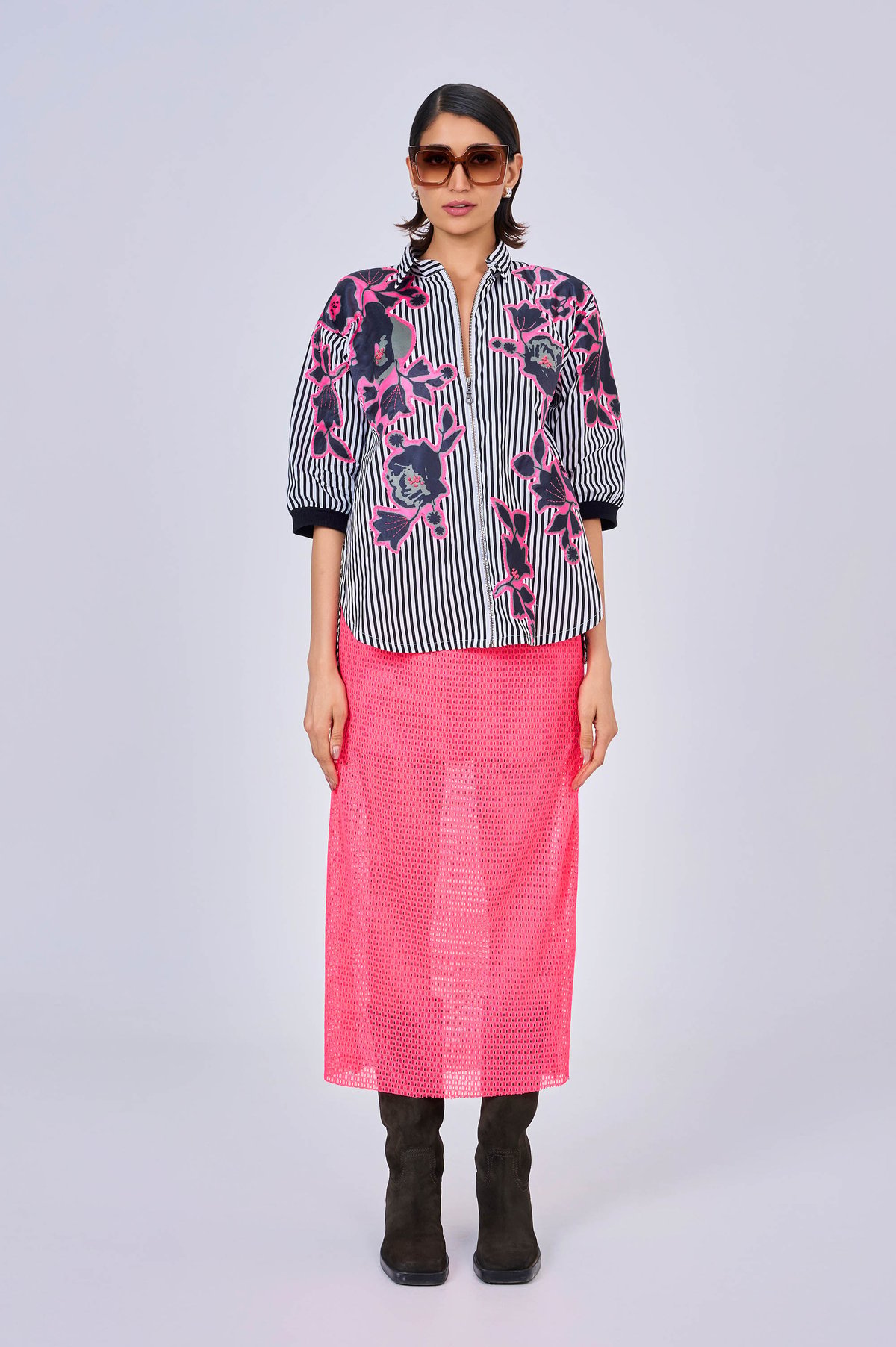 Black and White Striped Shirt with Pink Lace Skirt Co-ord