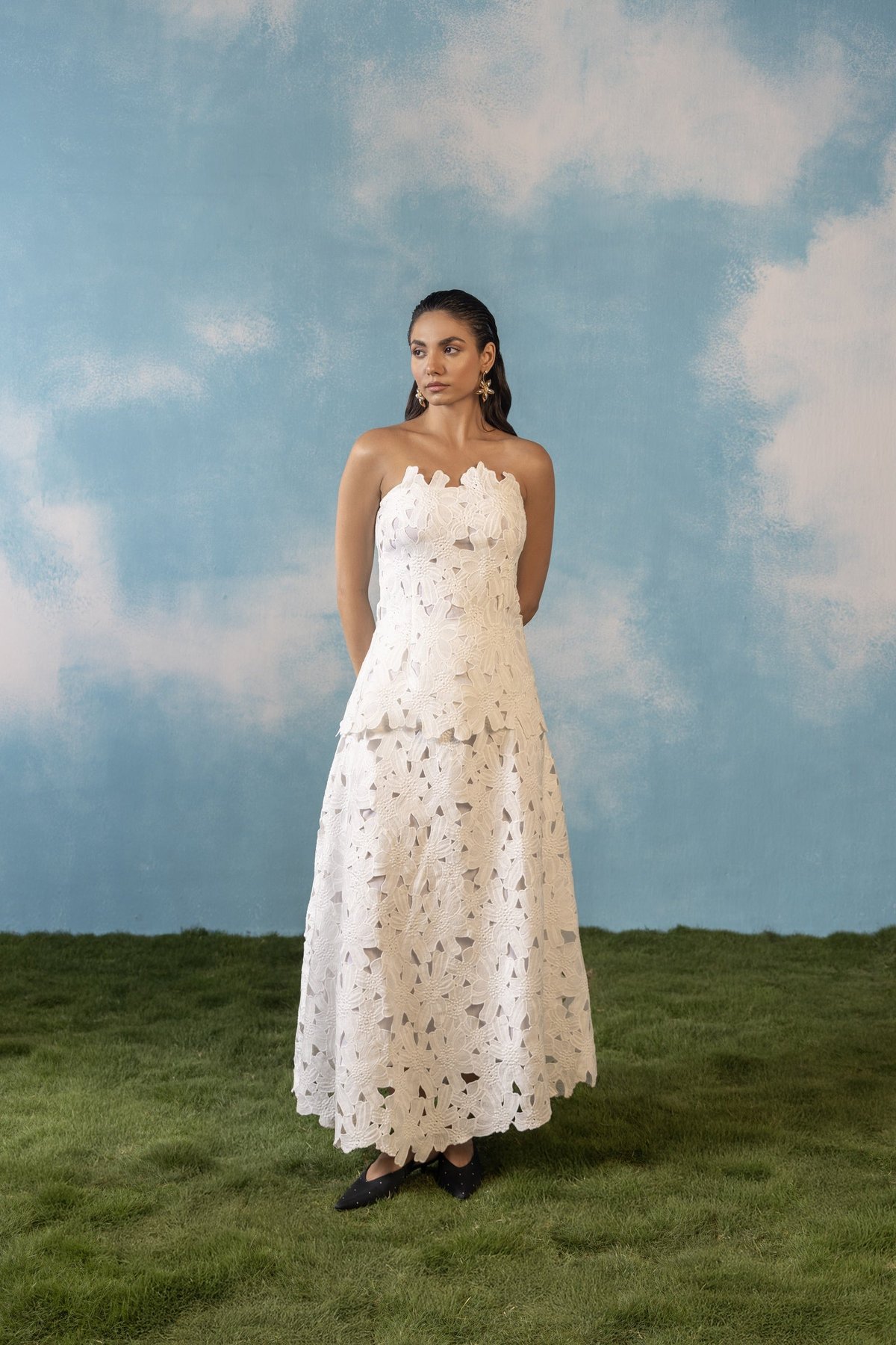 White Lace Strapless Top and Maxi Skirt Co-ord Set