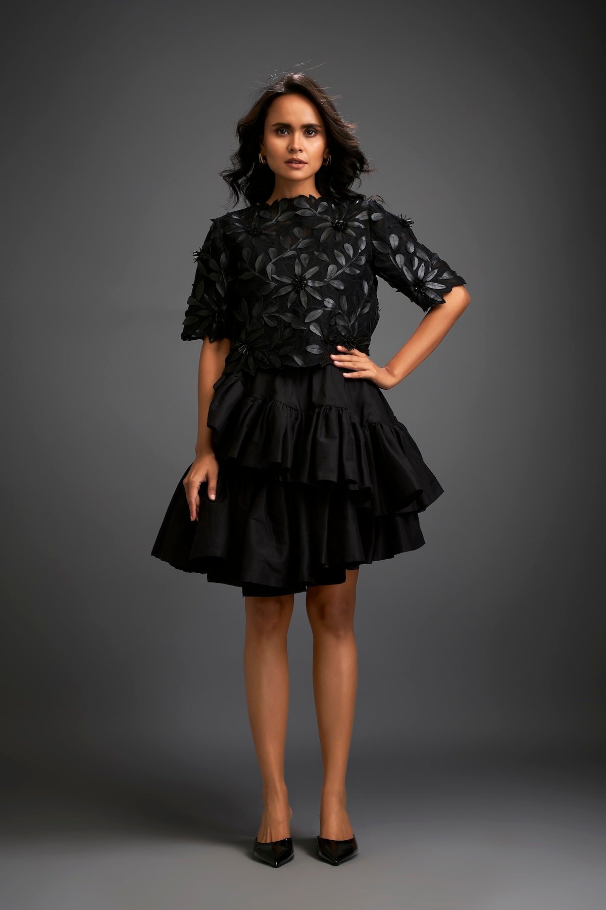 Floral Applique Top With Tiered Ruffled Skirt