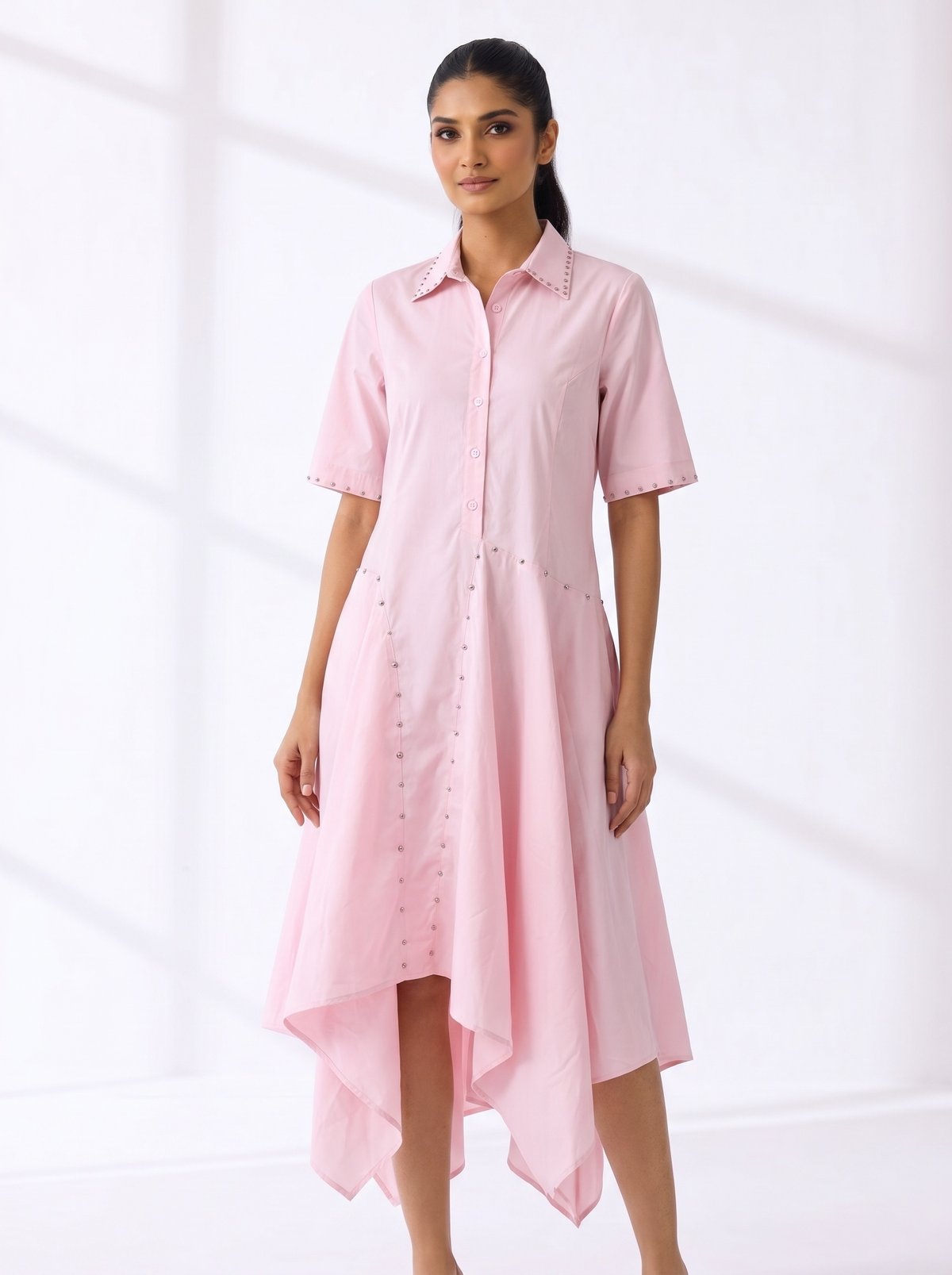 Baby Pink Cotton Midi Shirt Dress with Stud Details