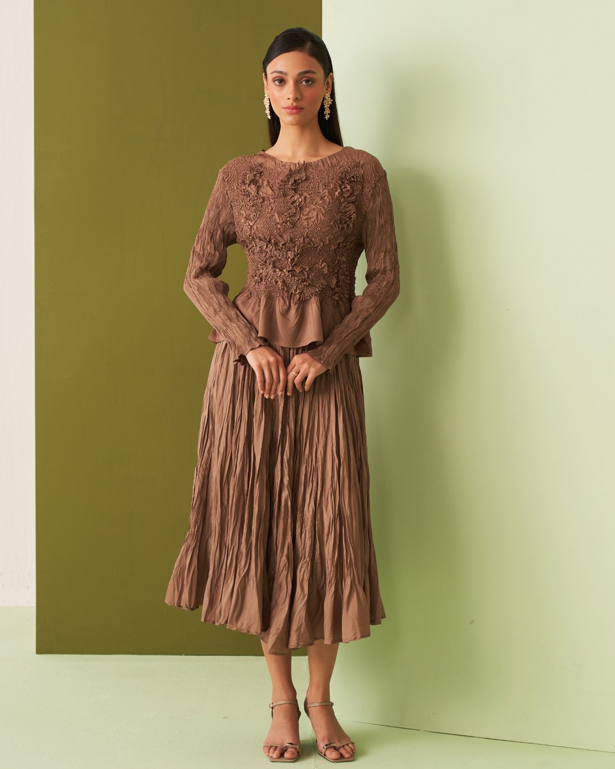 Brown Textured Top and Pleated Midi Skirt Co-ord Set