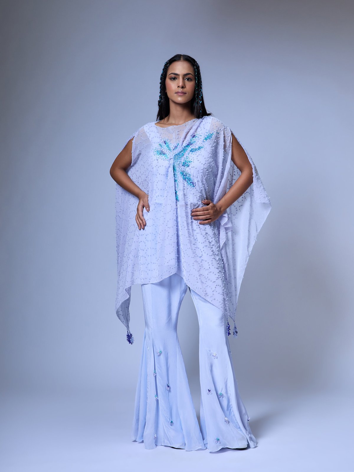 Blue Embellished Kaftan Kurta Set with Flared Pants