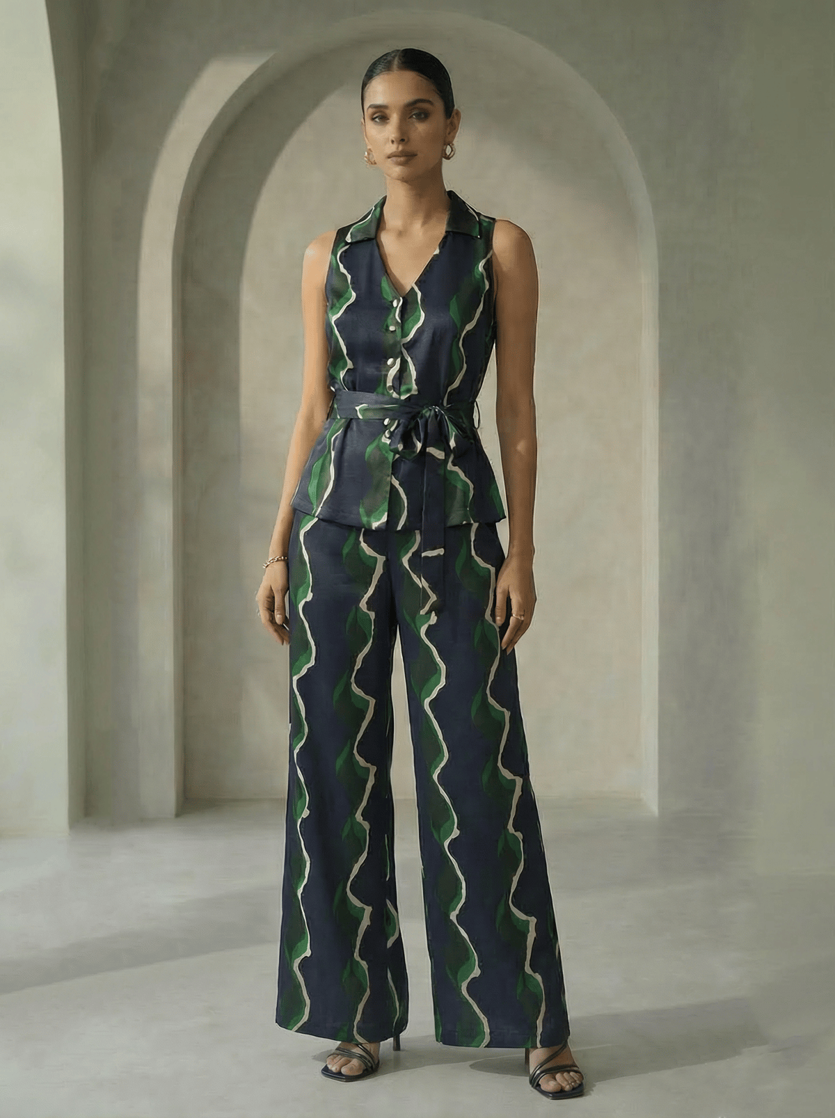 Green Abstract Print High-Waist Wide-Leg Trousers