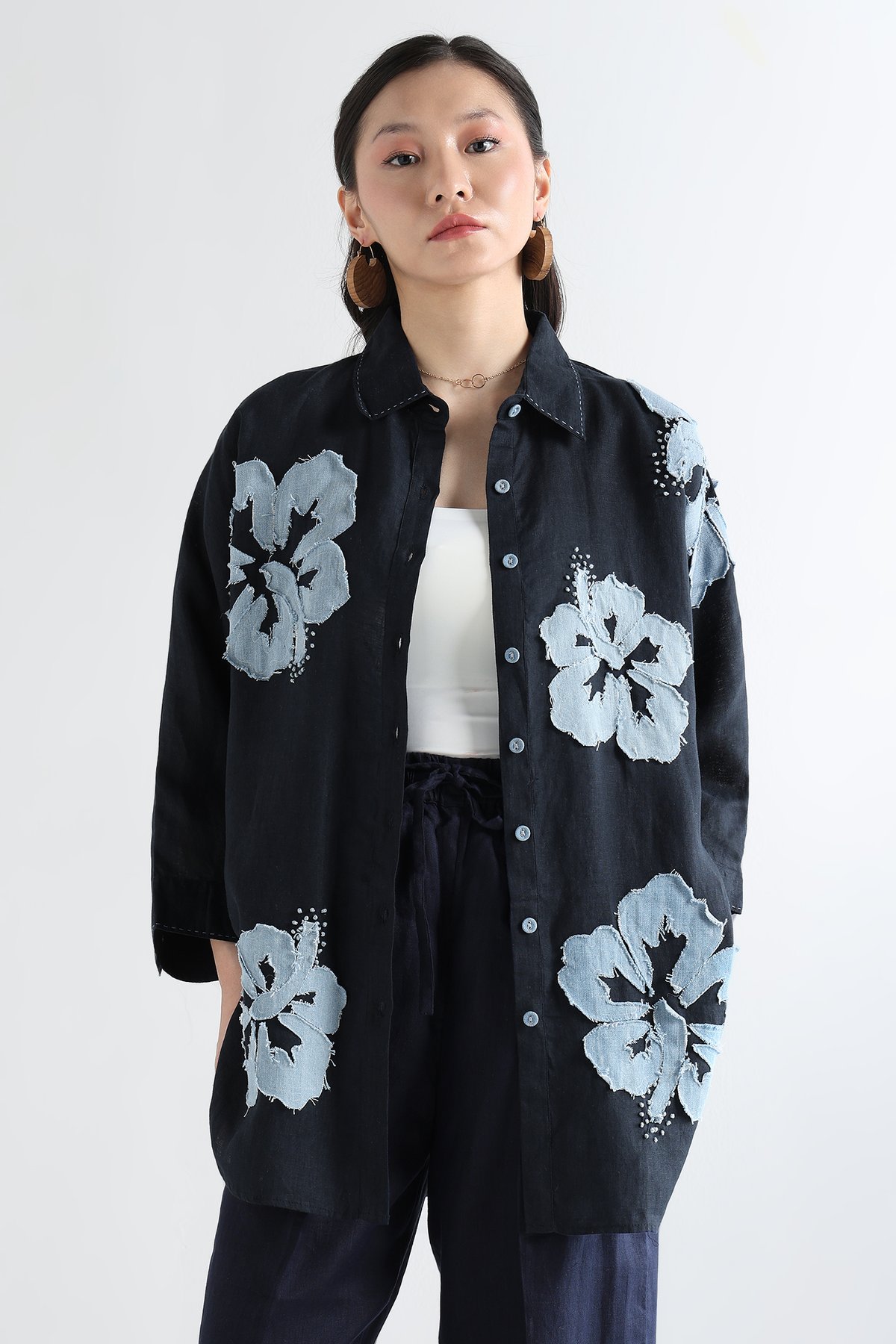 Navy Linen Shirt with Floral Appliqué