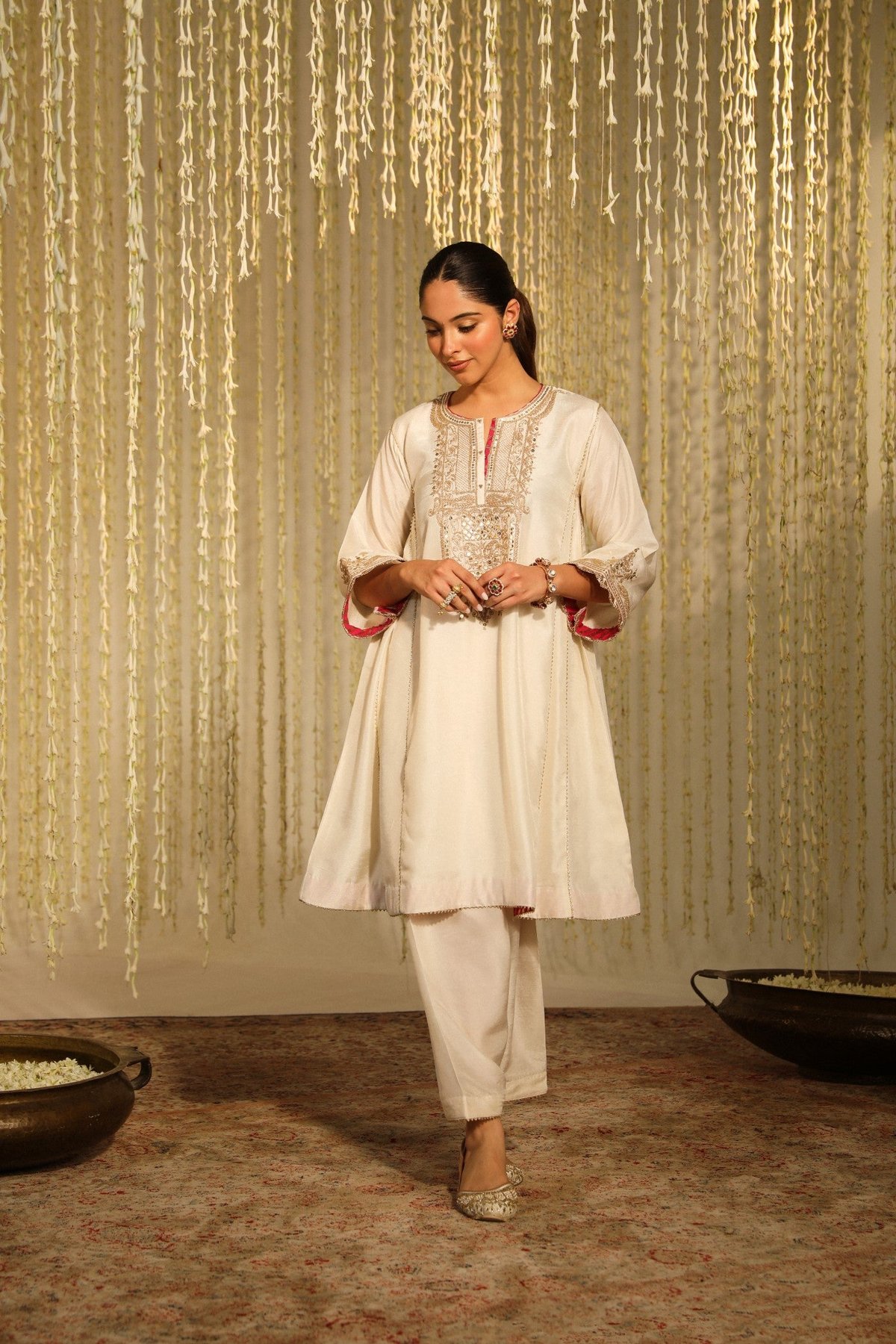 Daisy Ivory Embroidered Short Choga Kurta Set with Salwar