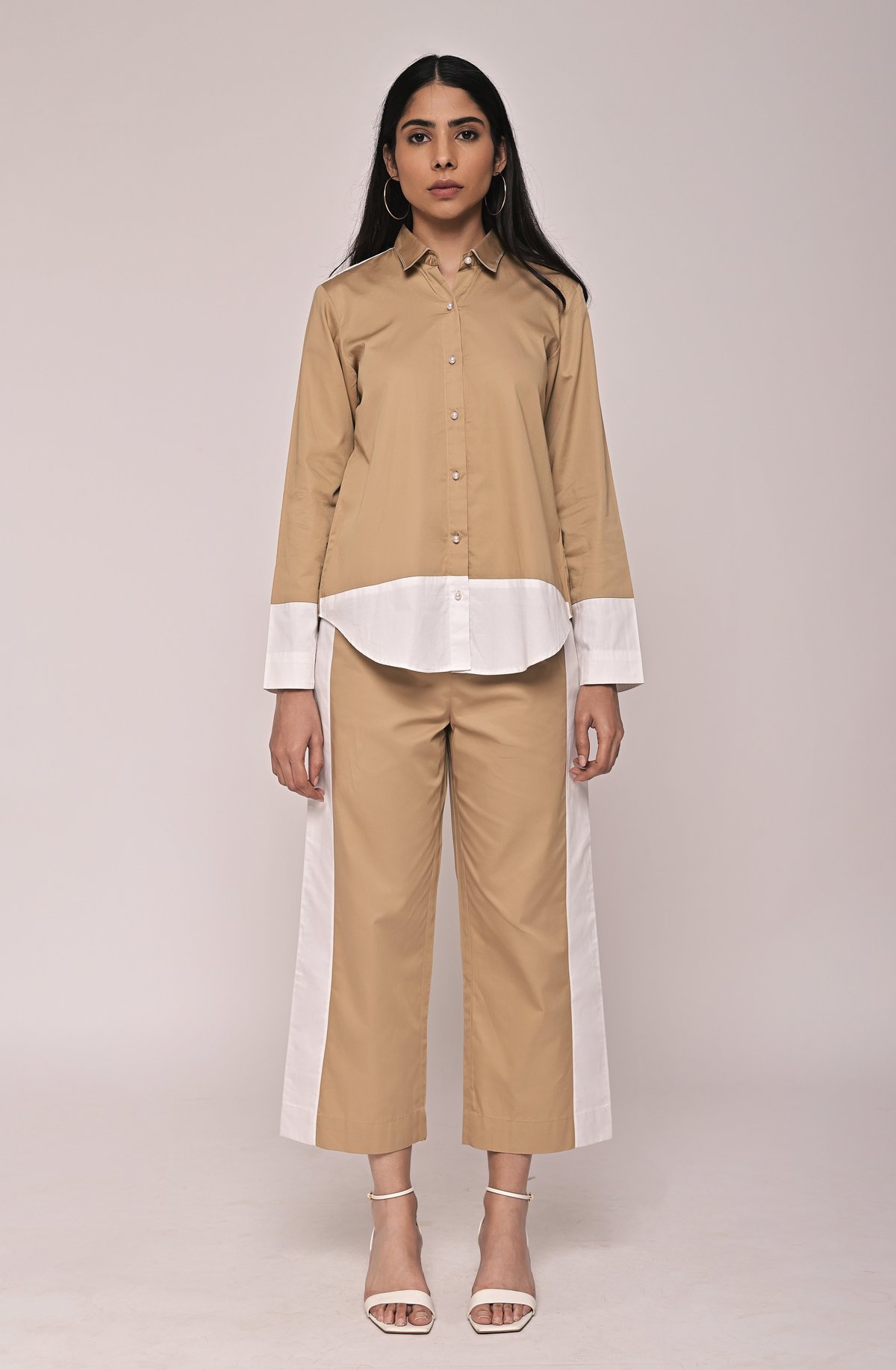 Beige and White Colorblock Shirt and Pants Co-ord Set