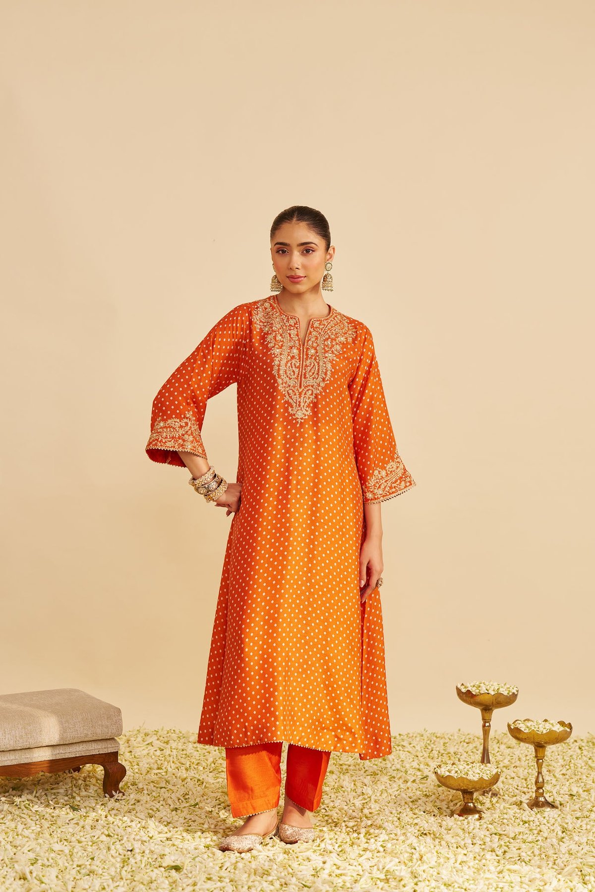 Orange Upada Silk Buti Print Embroidered Kurta Set
