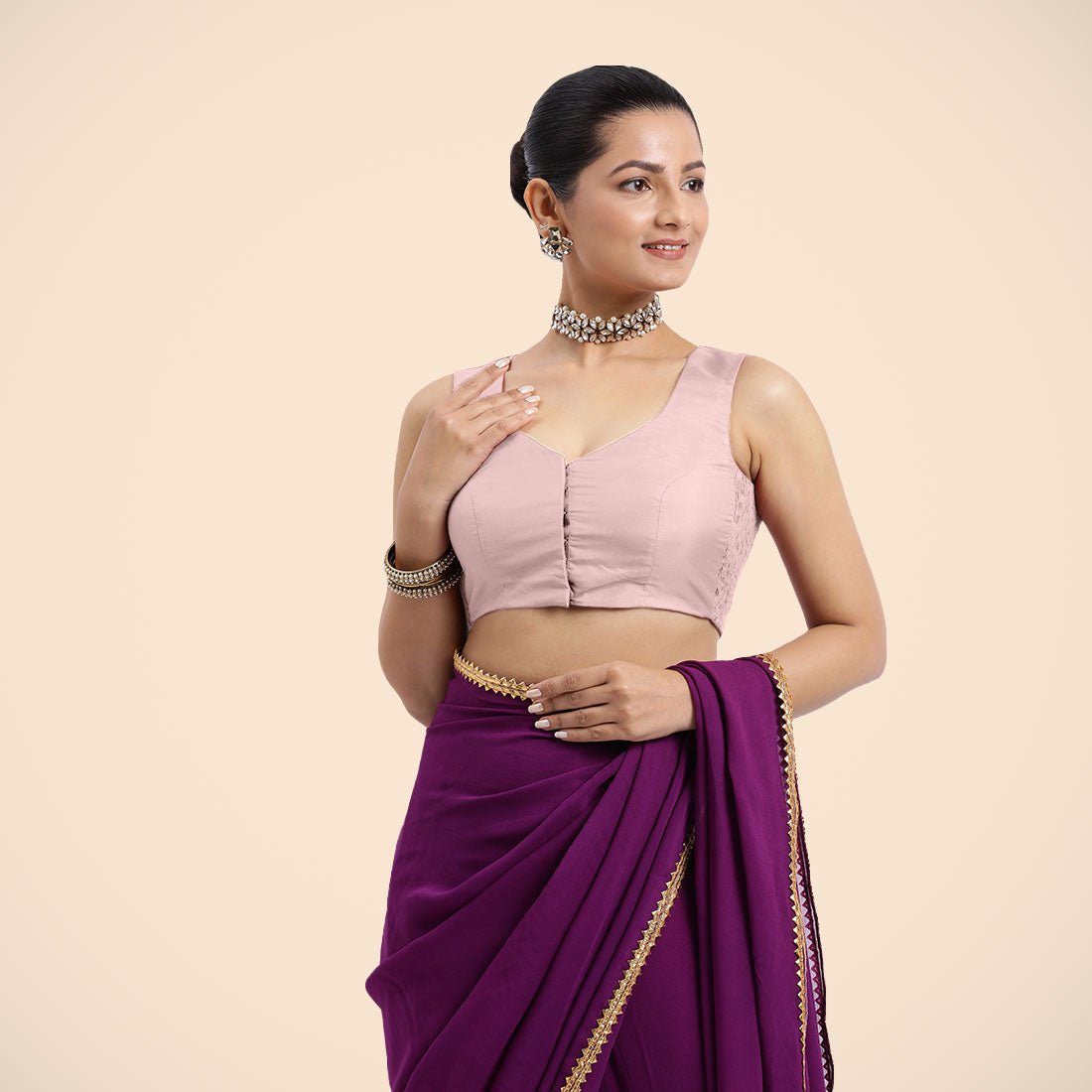 Baby Pink Sleeveless V-Neck Front-Open Saree Blouse