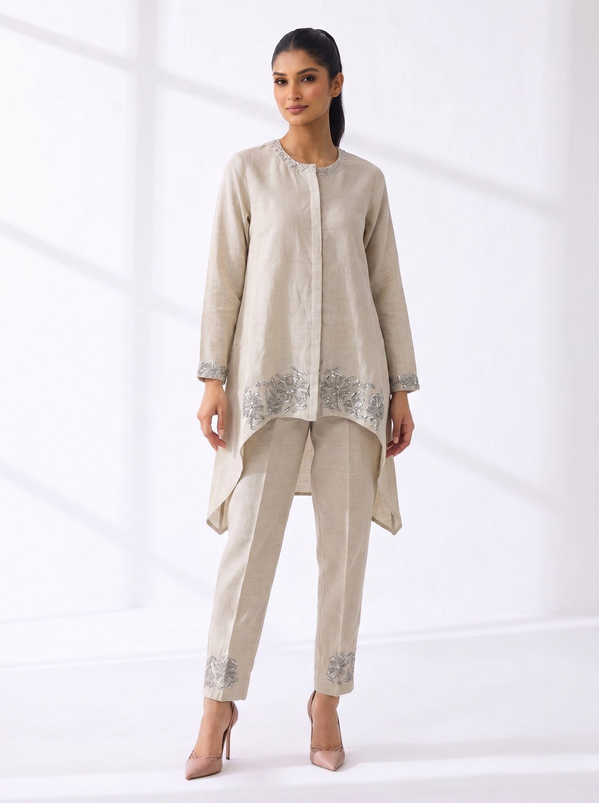 Beige Linen Tunic and Pants Co-ord Set